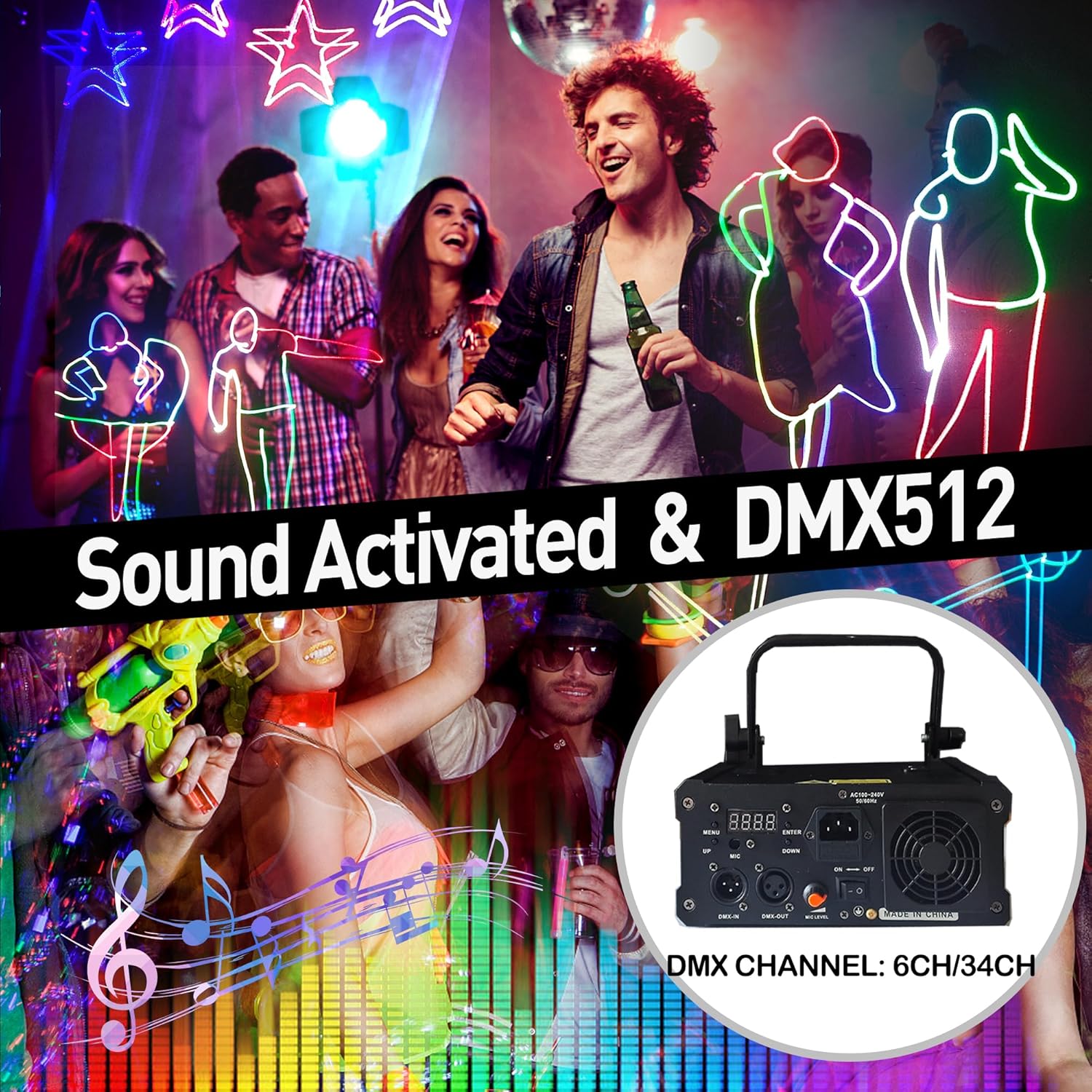Luz láser para DJ con animación 3D a todo color, activación de sonido, DMX512, profesional, perfecta para fiestas, clubes, DJ y entretenimiento en