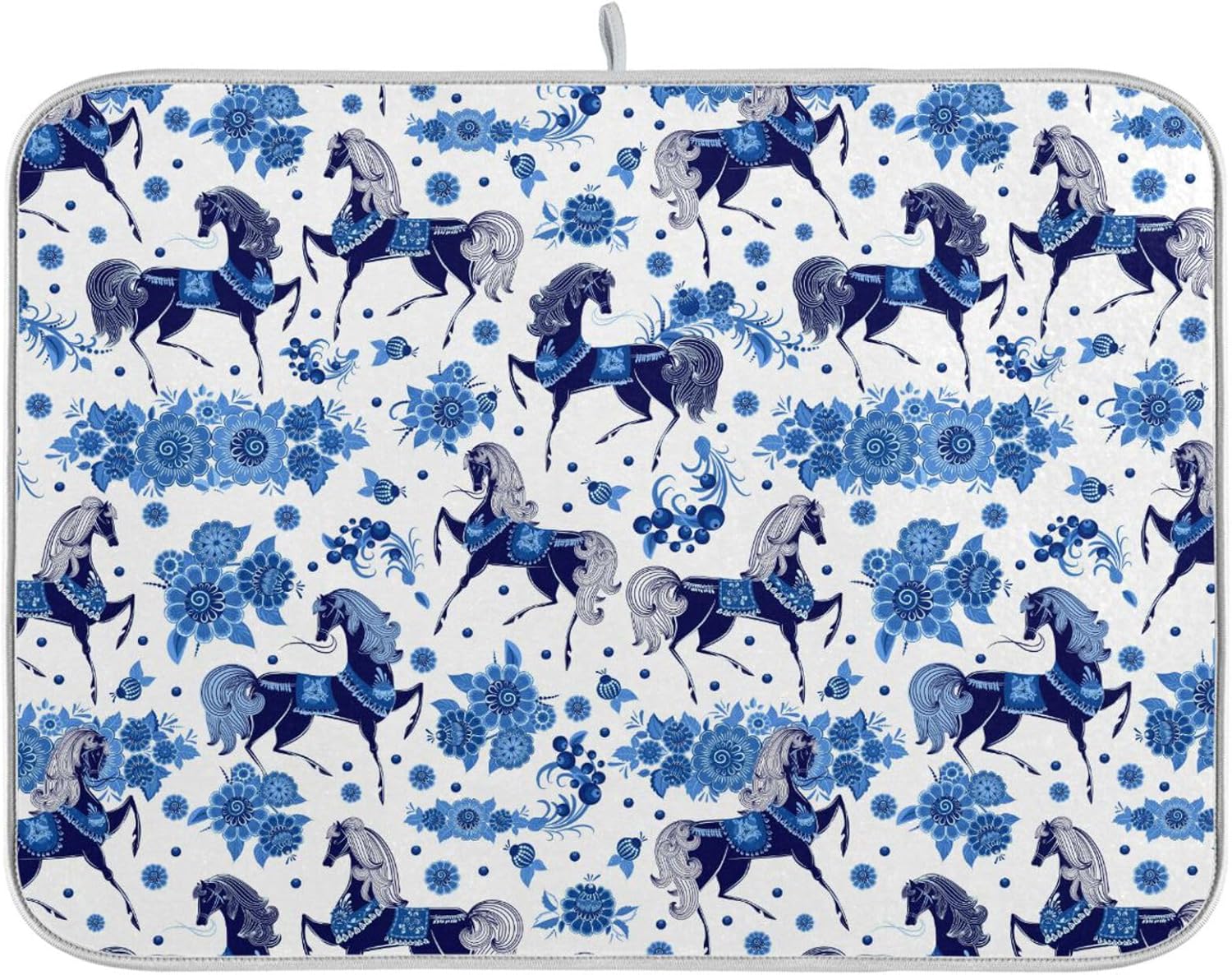 Stylized Blue Horse with Flowers Dish Drying Mat Washnable Absorbent Kitchen Counter Mat Countertop Protector Heat Resistant Tapete Para Cocina 16”