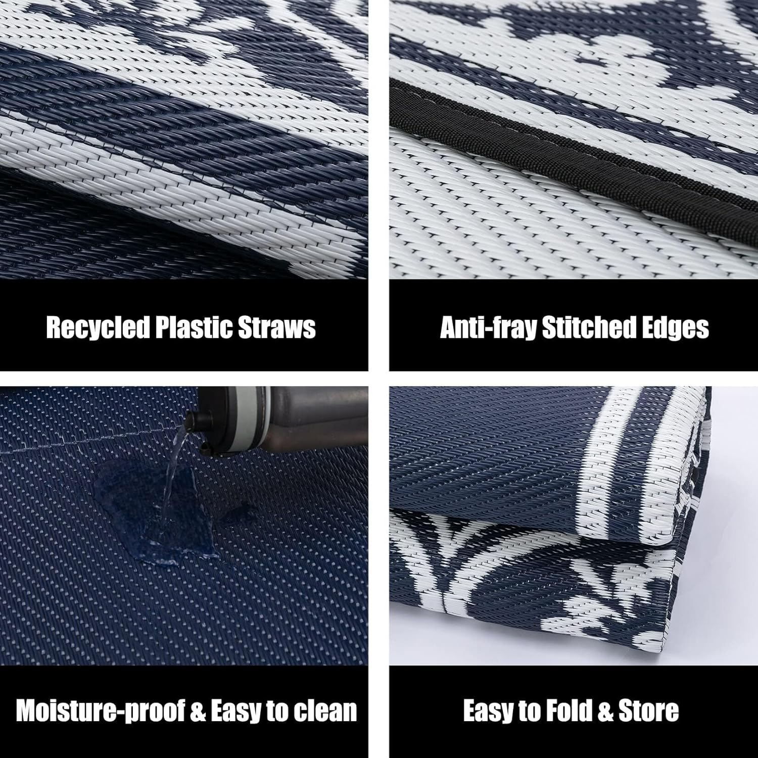 Alfombra de patio al aire libre, 5 x 8 pies, impermeable, alfombra de paja de plástico reversible azul para caravana, cubierta, camping, entrada,