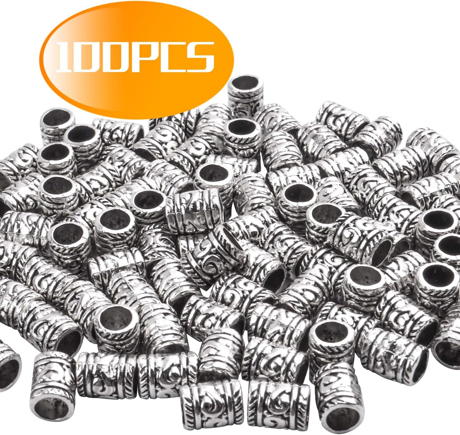 BronaGrand 100 cuentas espaciadoras de plata antigua, cuentas de agujero grande, cuentas de tubo hueco para pulseras y collares de bricolaje