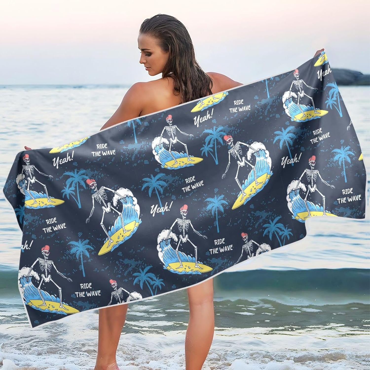 Skulls Skeletons – Toalla de playa gruesa de gran tamaño para adultos, secado rápido, toalla de viaje de alta absorción con bolsa de almacenamiento,