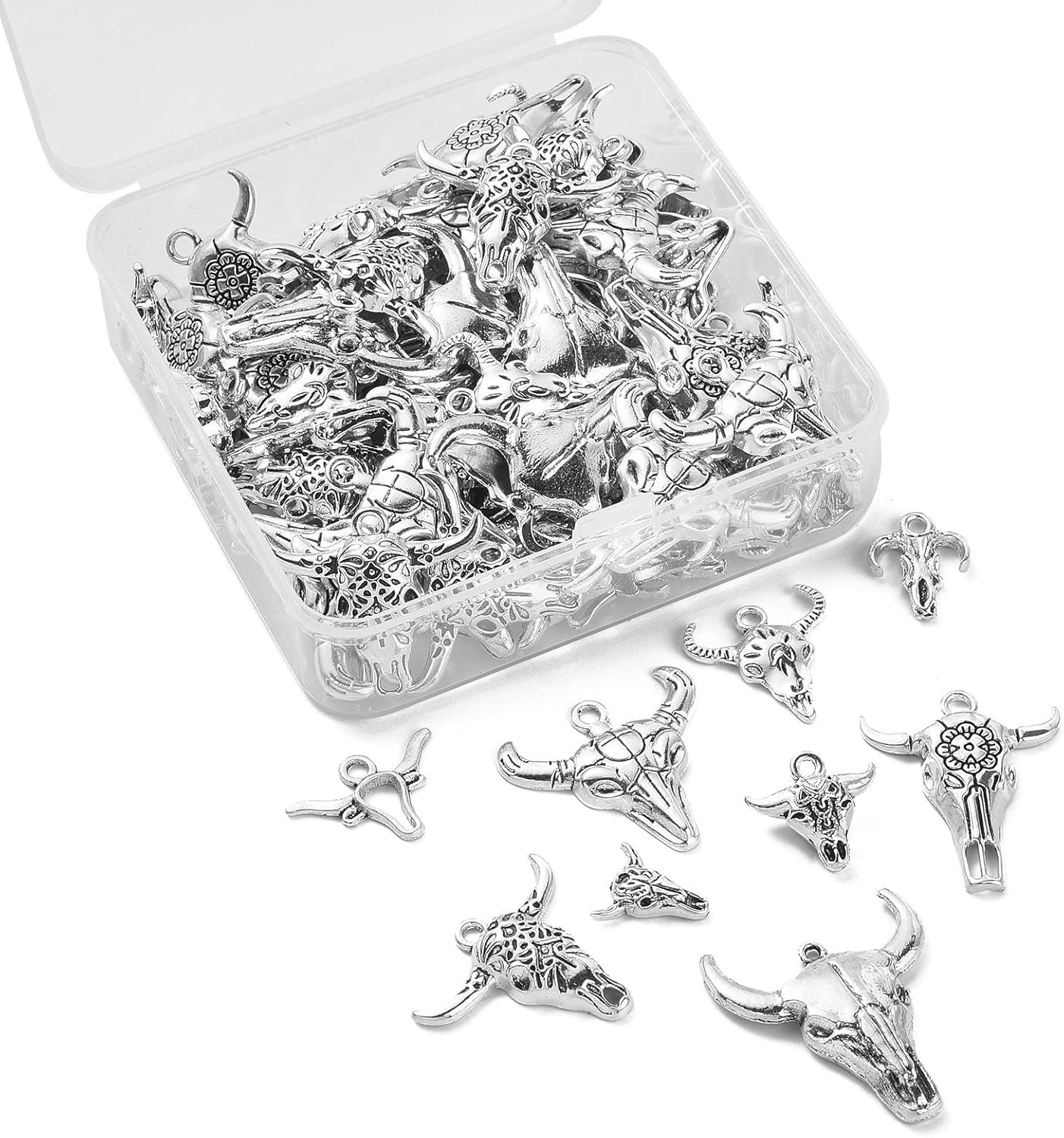 KitBeads 100 dijes de cabeza de ganado tibetano, estilos mixtos, dijes de calavera de ganado, dijes de calavera de vaca de plata antigua para hacer
