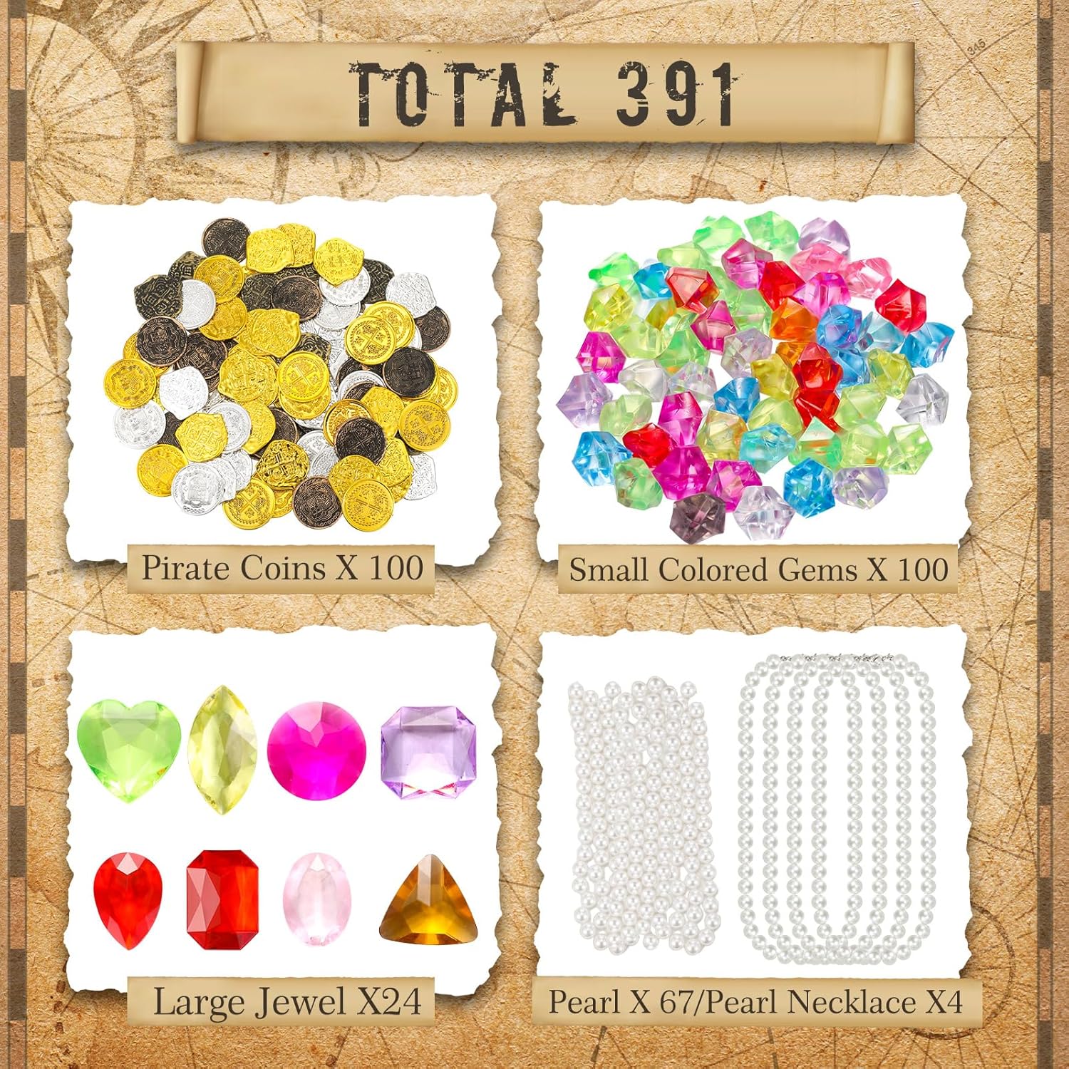 Hanaive Juego de 319 monedas falsas de oro pirata, tesoro pirata, gemas y joyas piratas de plástico, decoración de fiesta pirata, tesoro para