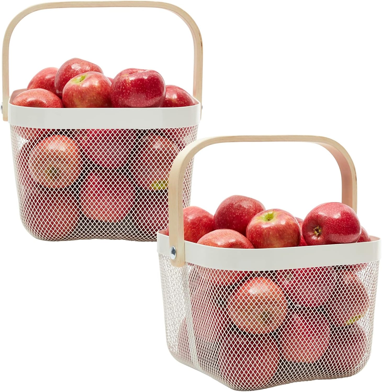 Juvale Cesta de frutas cuadrada de malla metálica con mango de madera para cocina, almacenamiento y organización de despensa (9.5 x 7 pulgadas,