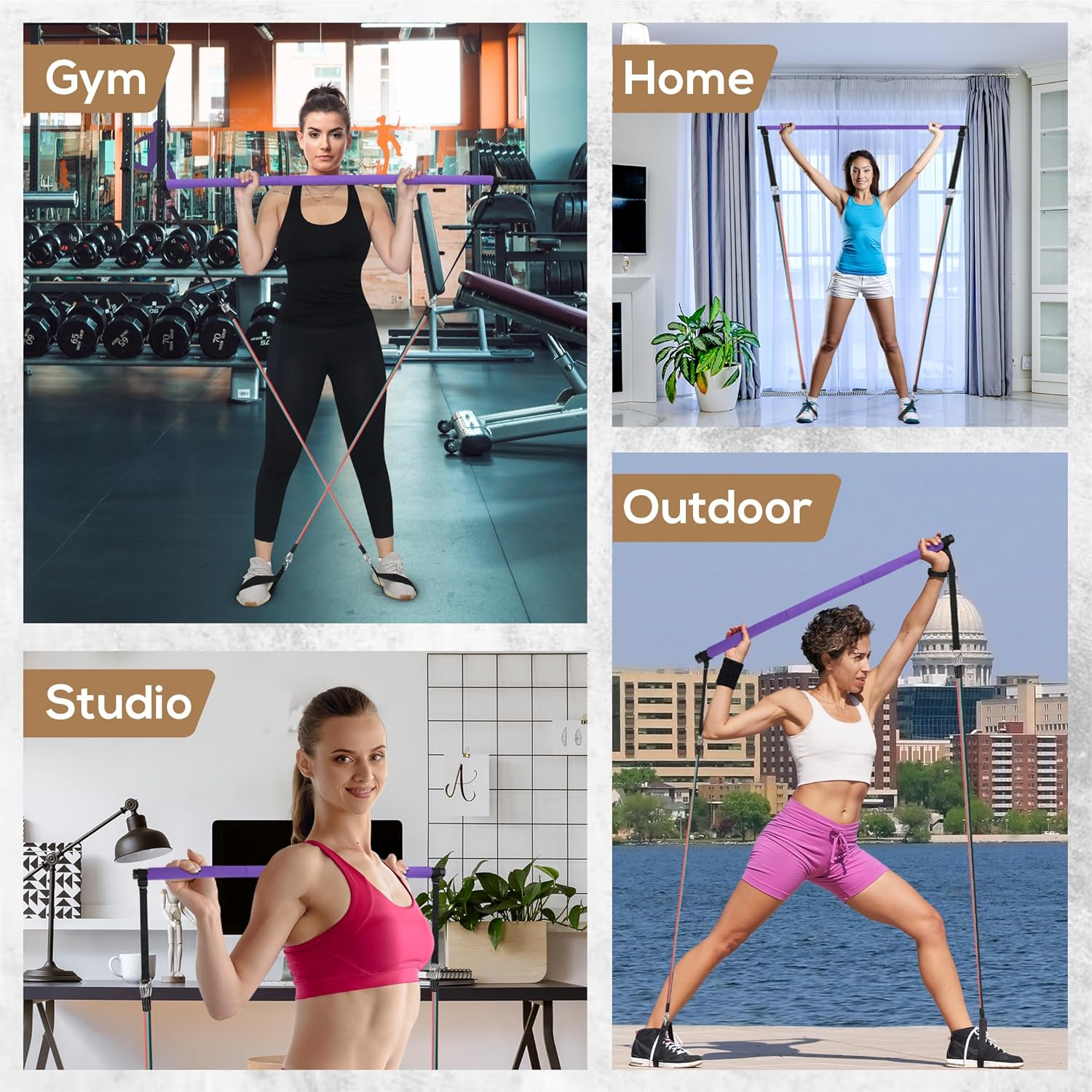 LEXIL Kit de ejercicios de barra de pilates portátil, apilable, 3 pares de bandas de resistencia (15, 20, 30 libras), equipo de gimnasio en casa