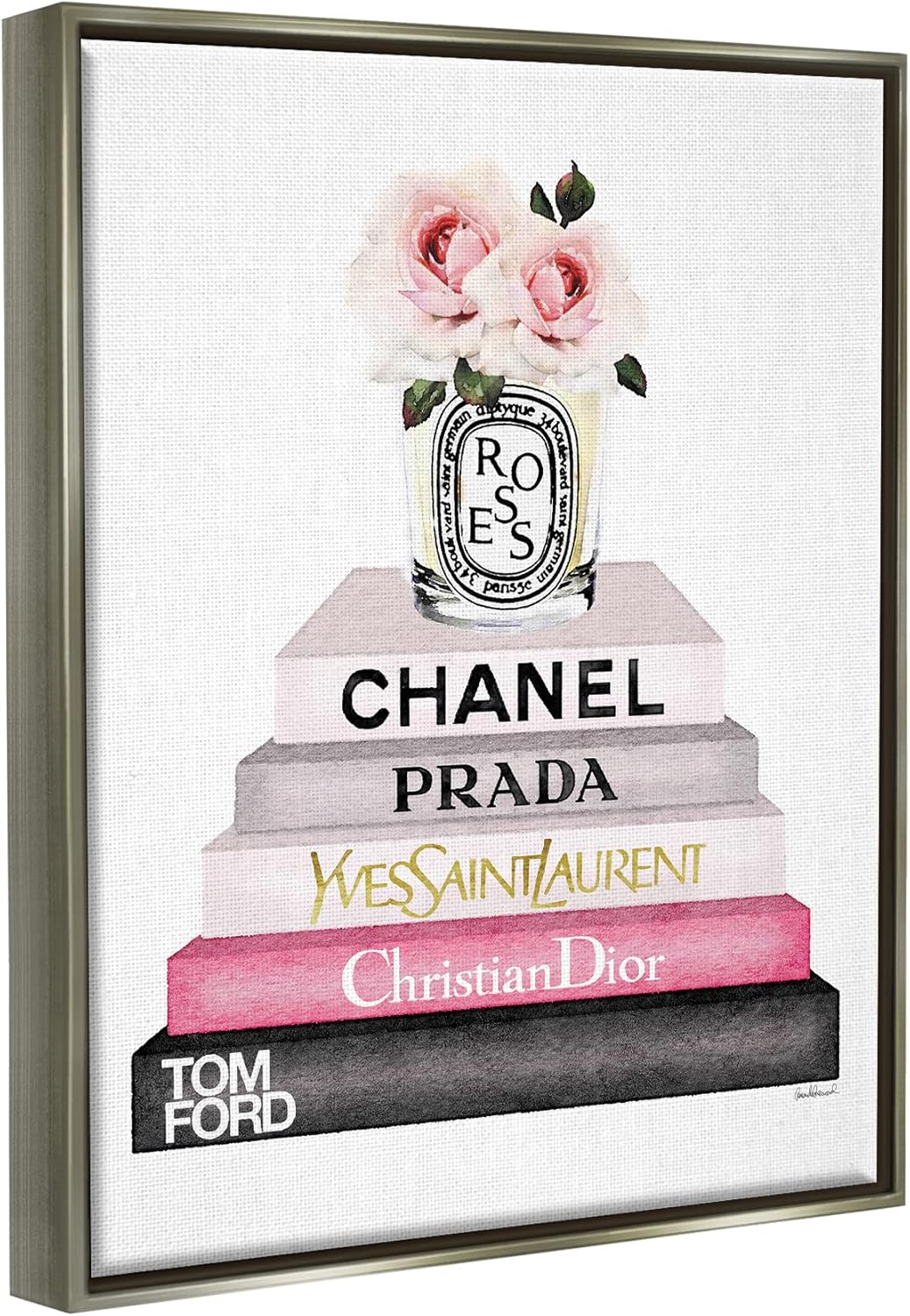 Stupell Industries Book Stack Fashion Candle Pink Rose, diseño de Amanda Greenwood