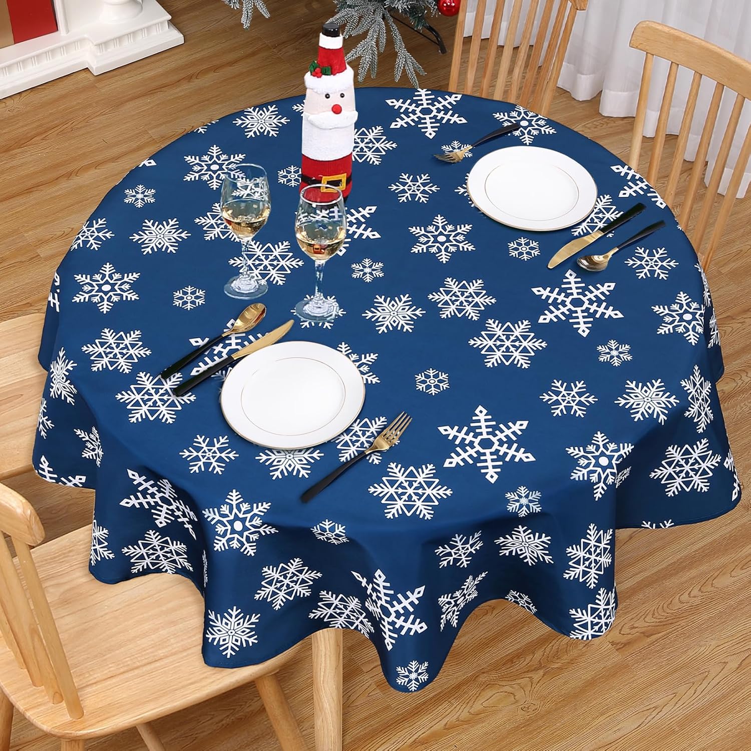 CAROMIO Mantel de Navidad de 60 pulgadas, mantel redondo para exteriores, decoración de Navidad, decoración de mesa de comedor, copo de nieve azul