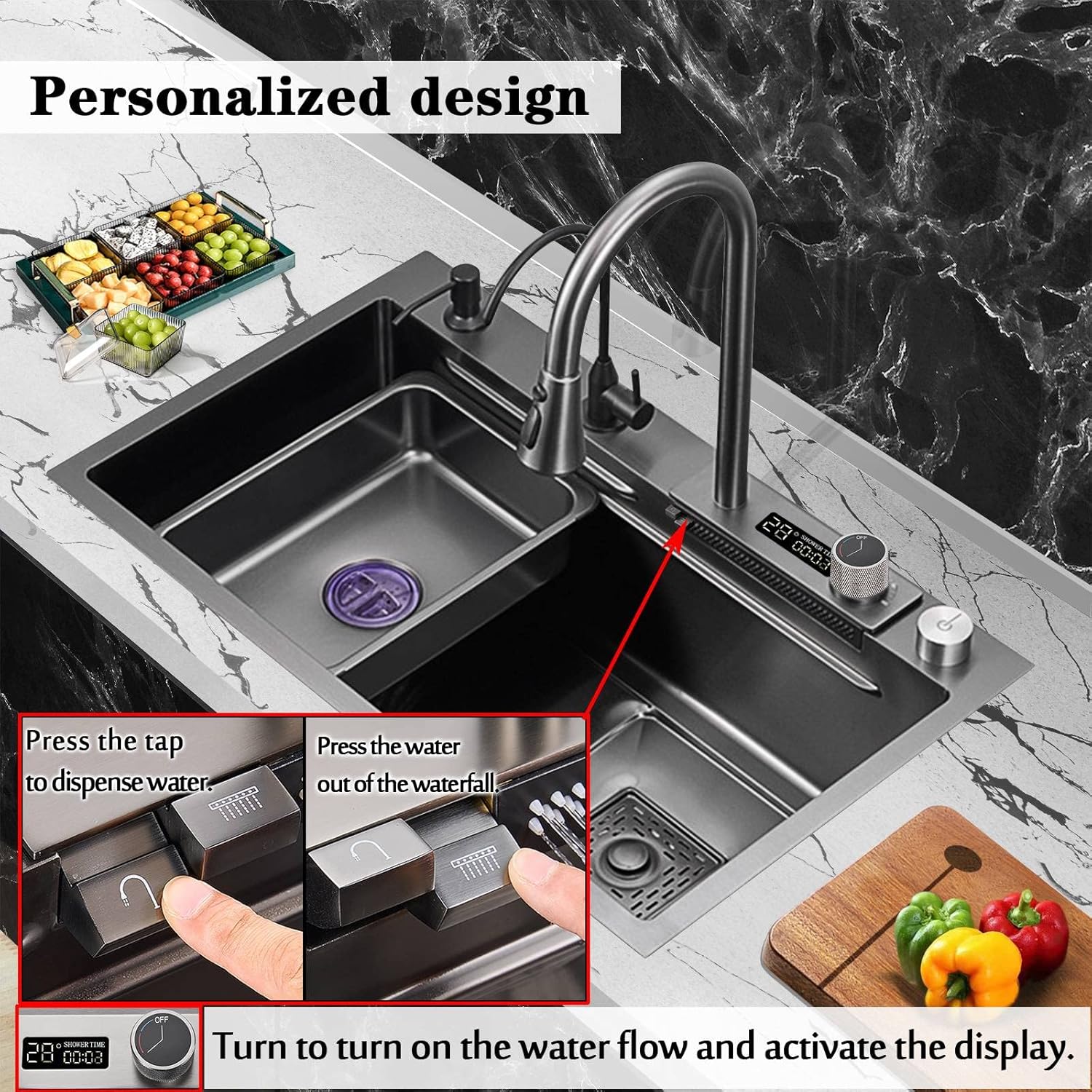 NOYHHAV Pantalla de temperatura Cocina cascada Fregadero de 29.5 pulgadas Fregaderos de cocina Fregaderos de cocina de acero inoxidable negro con