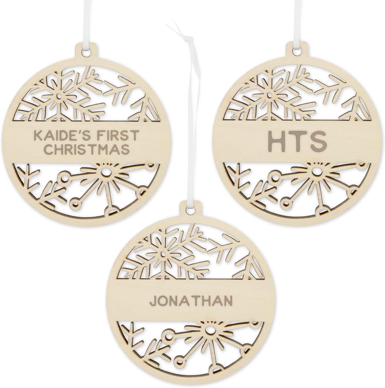Weddingstar Adorno personalizable para árbol de Navidad con copo de nieve de madera grabado, apellido
