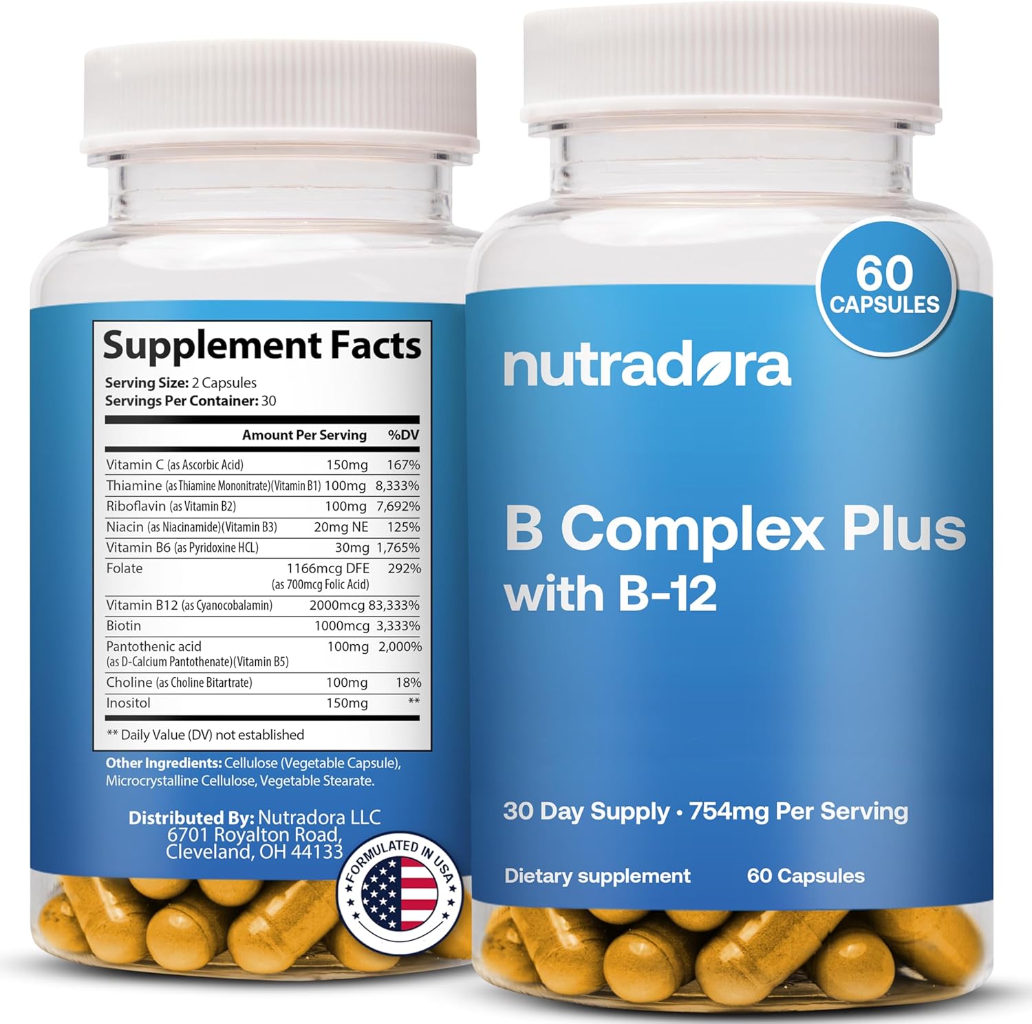 Nutradora Vitaminas del complejo B para mujeres y hombres, suplemento del complejo de vitamina B para la salud celular, crecimiento de glóbulos