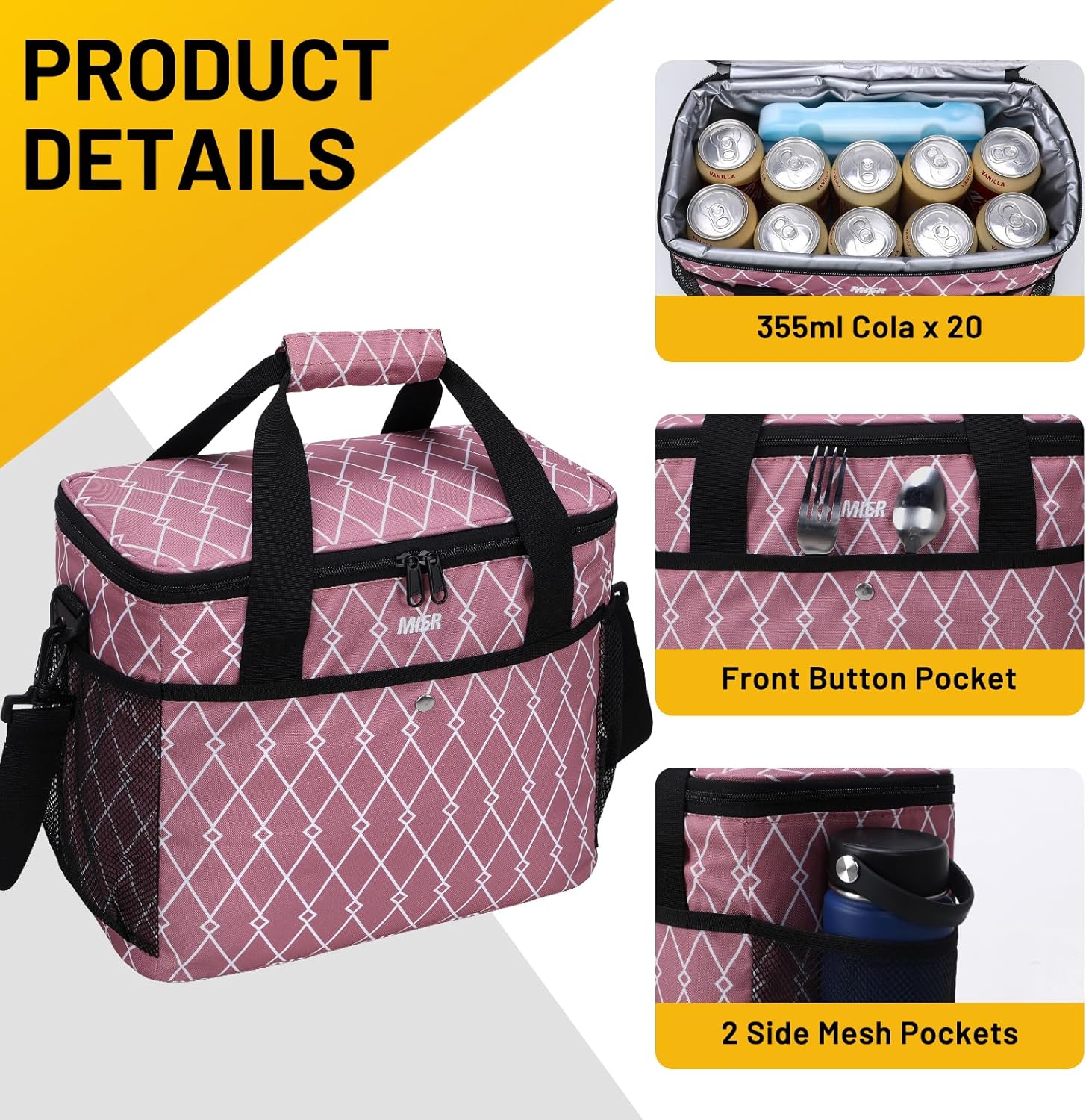 MIER Bolsa de picnic aislada grande y suave de 18L para comestibles, camping, coche, rosa