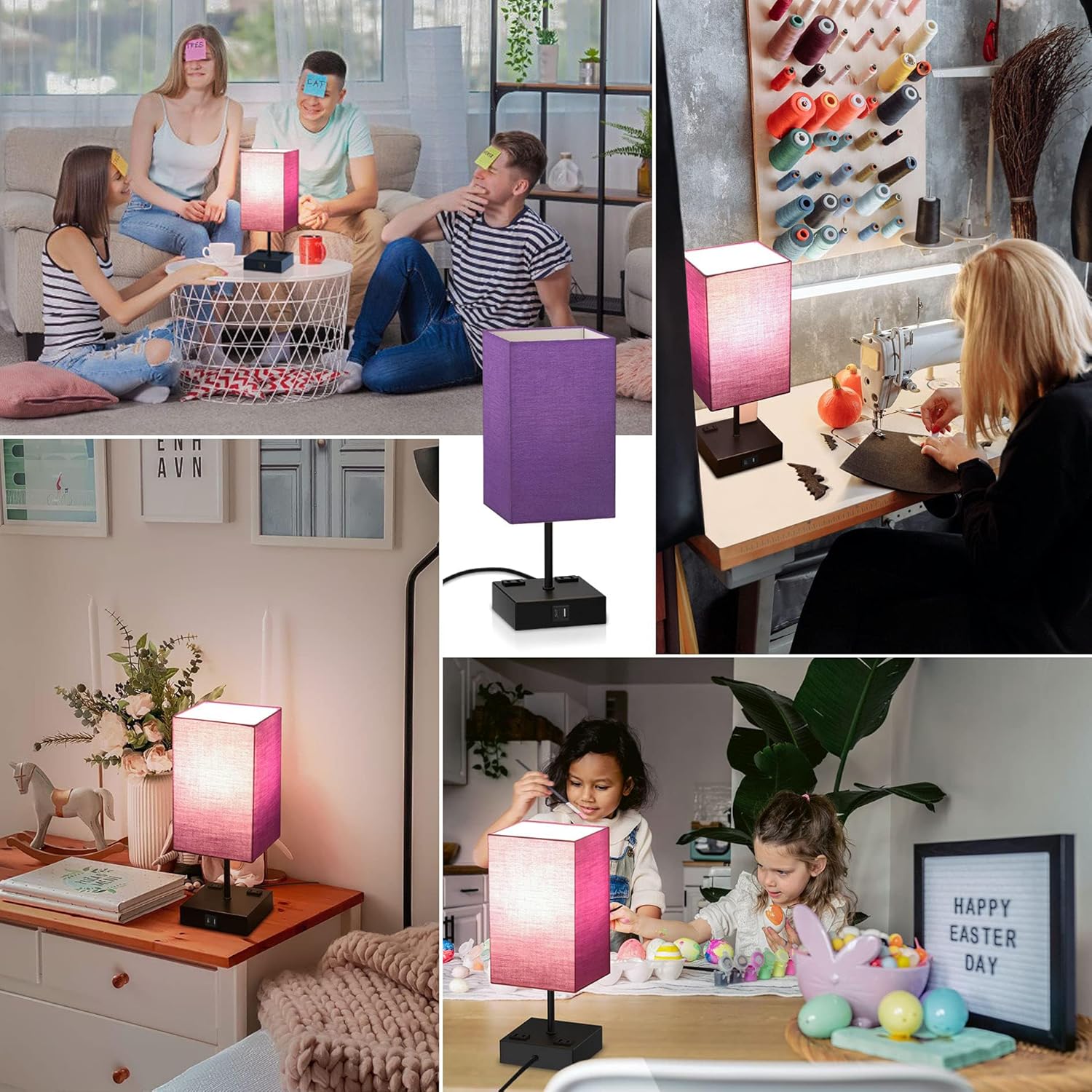Sailstar Lámparas de noche mejoradas con puertos de carga USB C+A y 2 salidas de CA, lámpara de mesa púrpura para dormitorio, lámpara táctil
