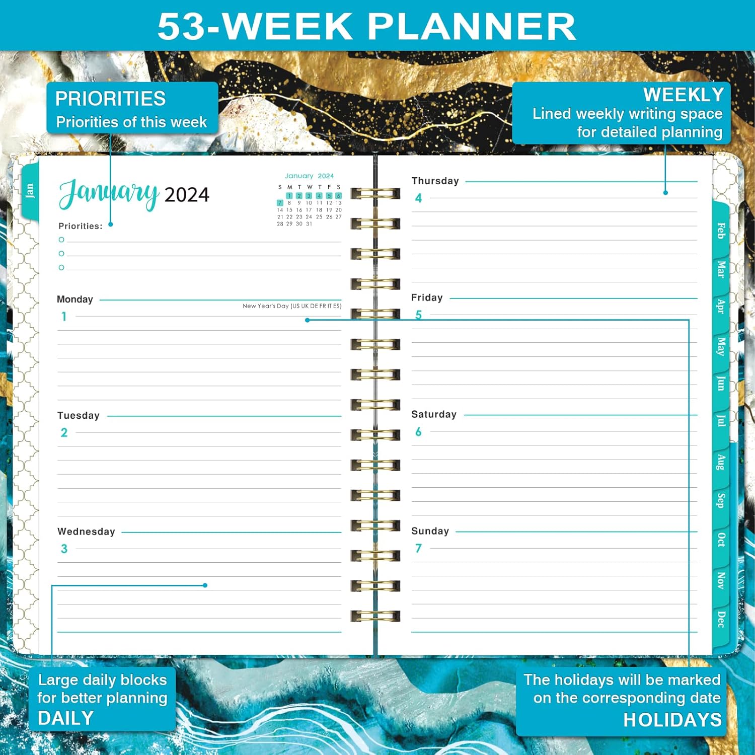 2024 Planner – 2024 Planner Weekly and Monthly, January – December 2024, 8.43″ x 6.3″, Calnedar Planner 2024 with Strong Golden Binding, Elastic