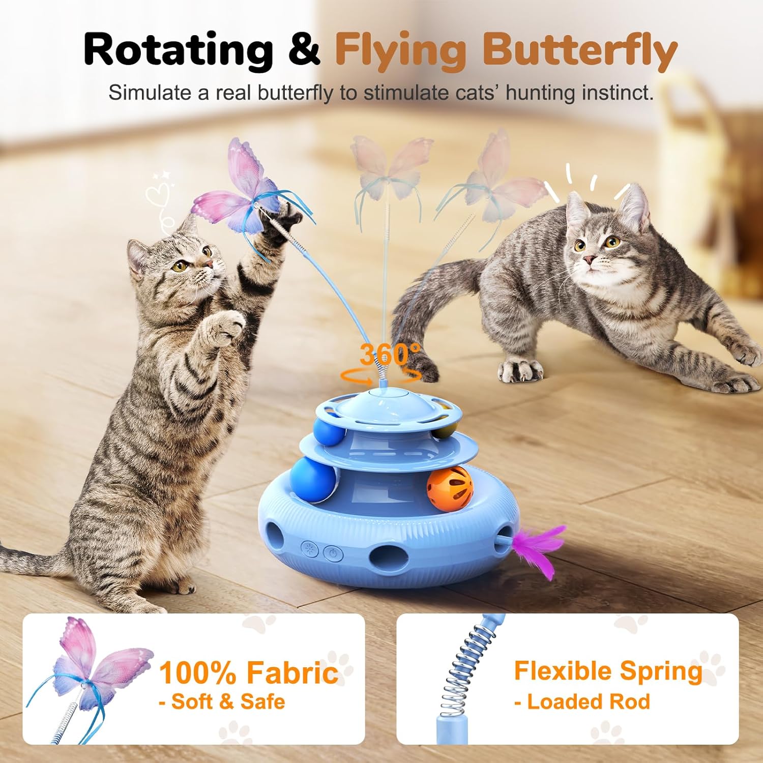 AIDIAM Juguetes para gatos, juguete interactivo automático recargable 4 en 1 con mariposa aleteante, pluma de emboscada móvil aleatoria, bolas de