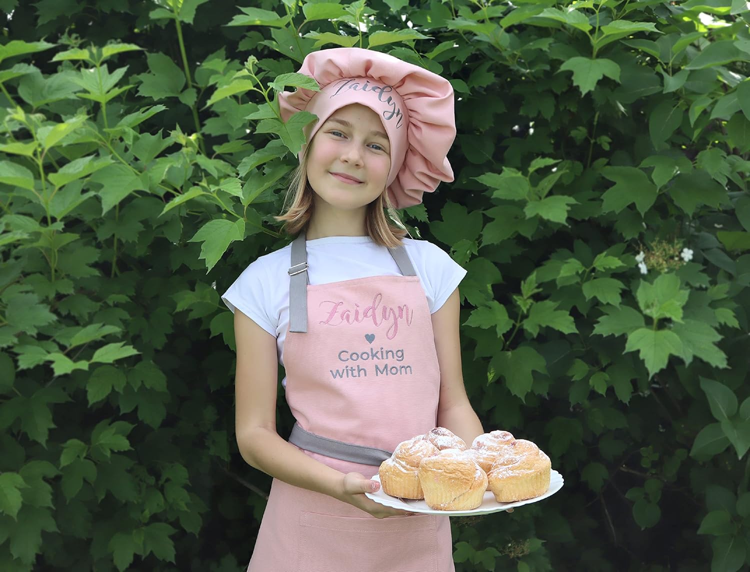 Kids Apron and Chef Hat Set for Girls Pink Personalized Embroidered Custom Name Children Cotton Apron with Pocket. Girls Kitchen Apron Cooking,