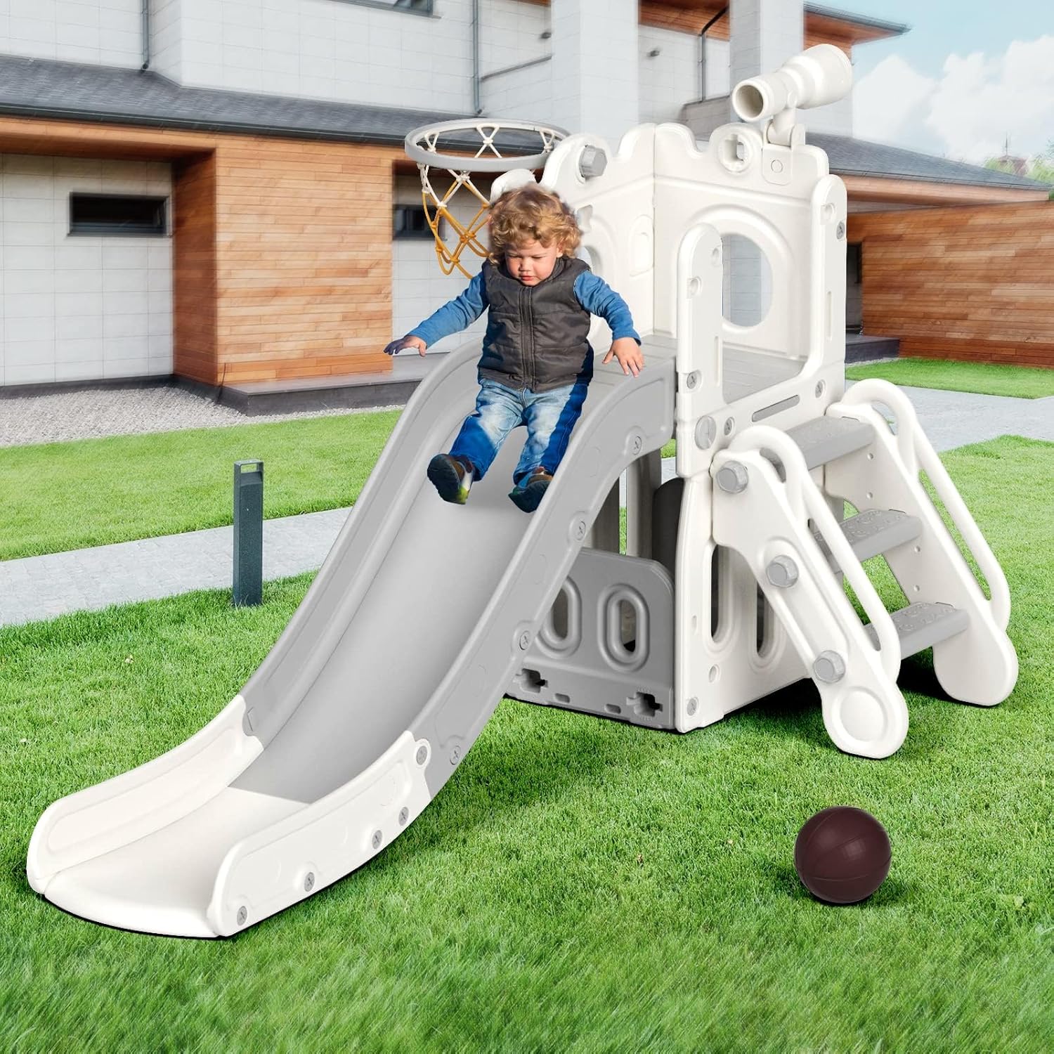 KORIMEFA Juegos de parque infantil 5 en 1 para patios traseros al aire libre, juego de tobogán para niños en interiores con almacenamiento y pelota