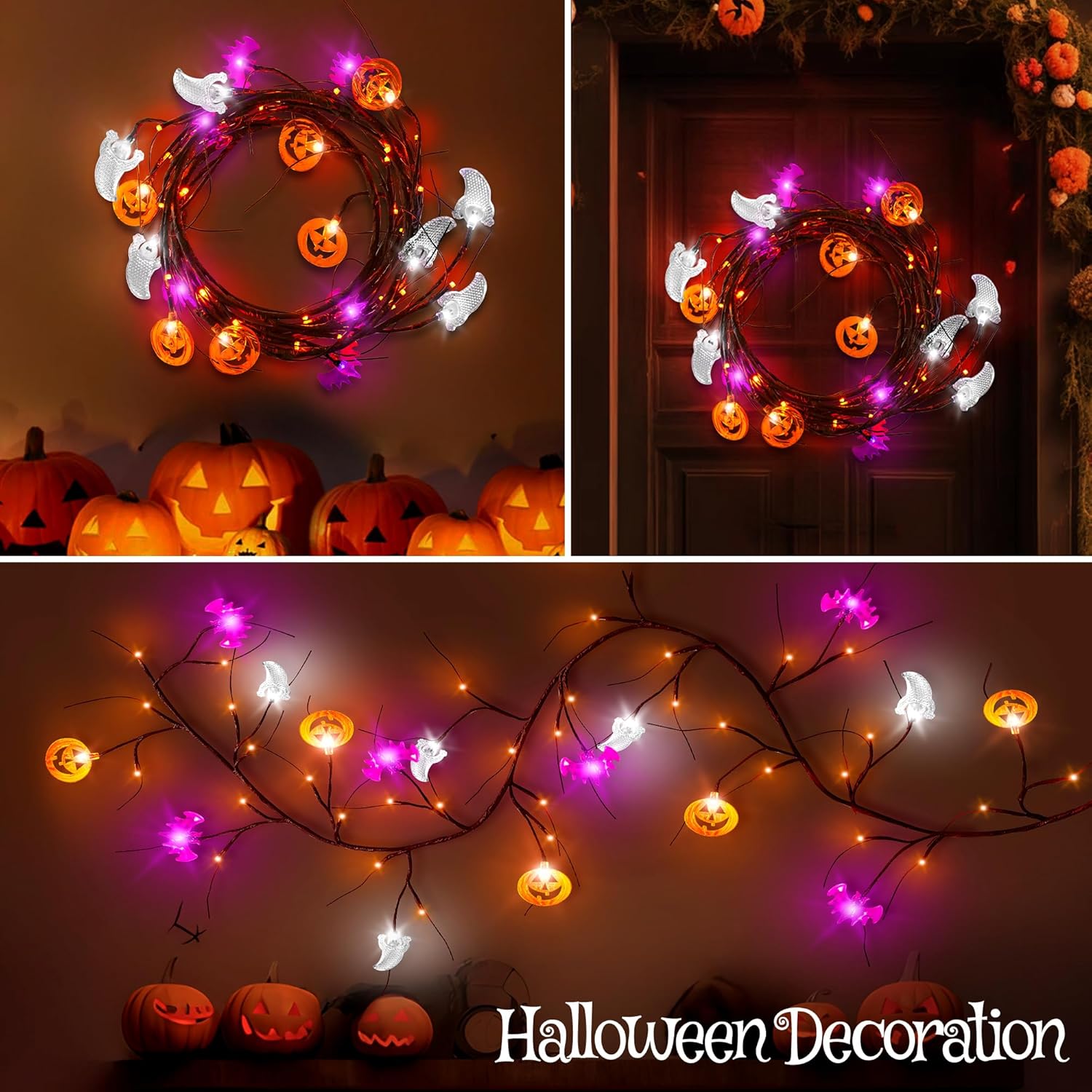 Luces de Halloween naranjas y moradas, guirnalda de Halloween de ramita de sauce de 6 pies, 54 LED con calabazas, murciélagos y luces fantasma, 8