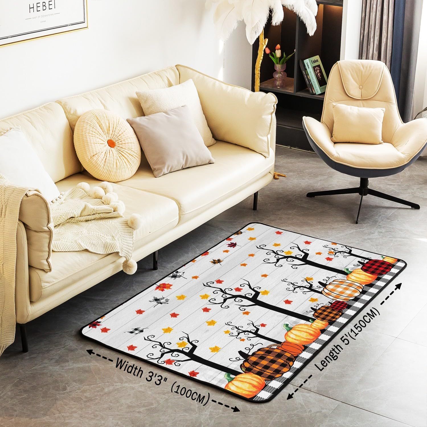 Alfombra de cosecha de calabaza de otoño, 3 x 5, alfombra a cuadros negros y blancos para niños, Halloween, hojas de arce, alfombra lavable con