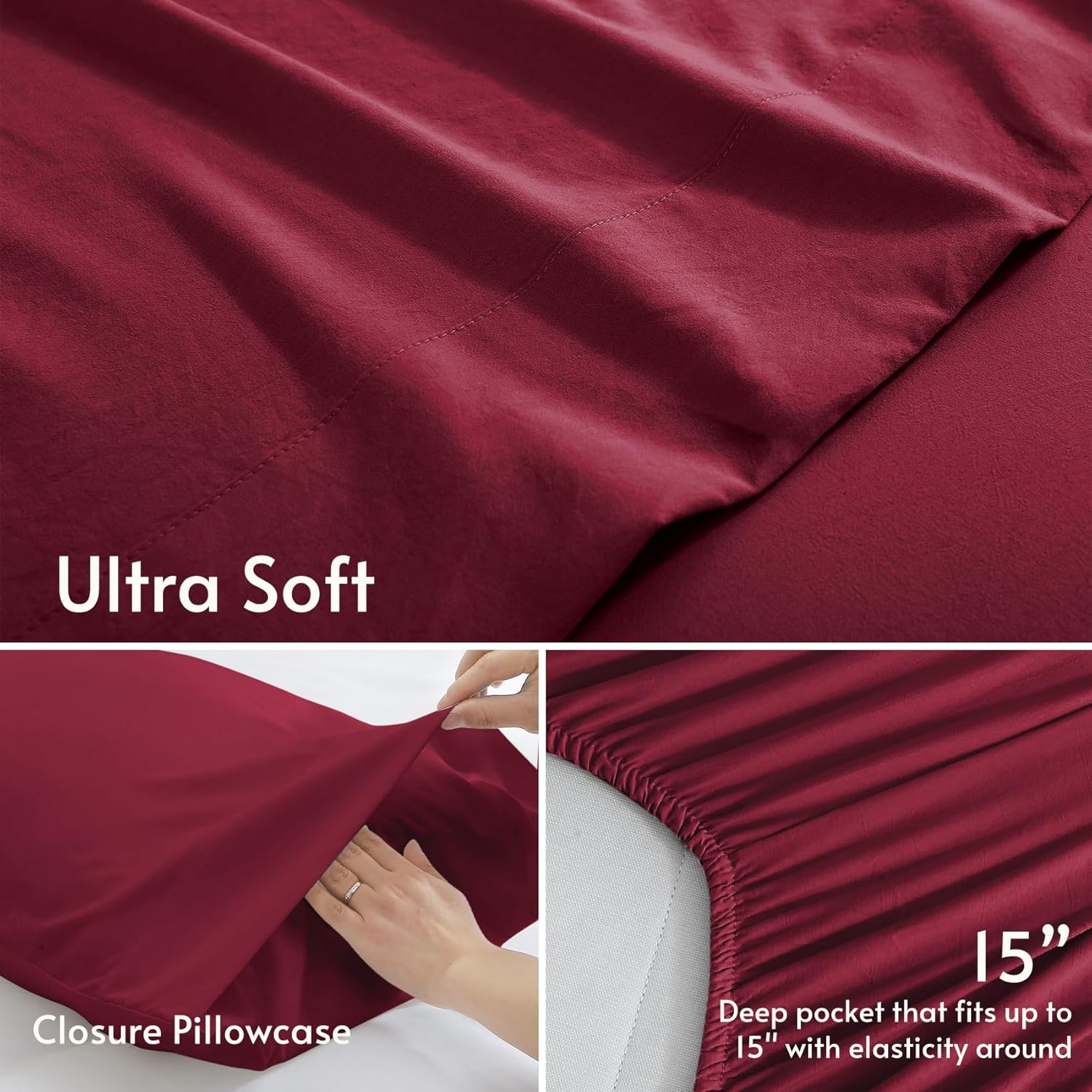 JOLLYVOGUE Juego de sábanas King de 4 piezas, color rojo oscuro para dormitorio con 14 bolsillos profundos, sábanas refrescantes con 1 sábana