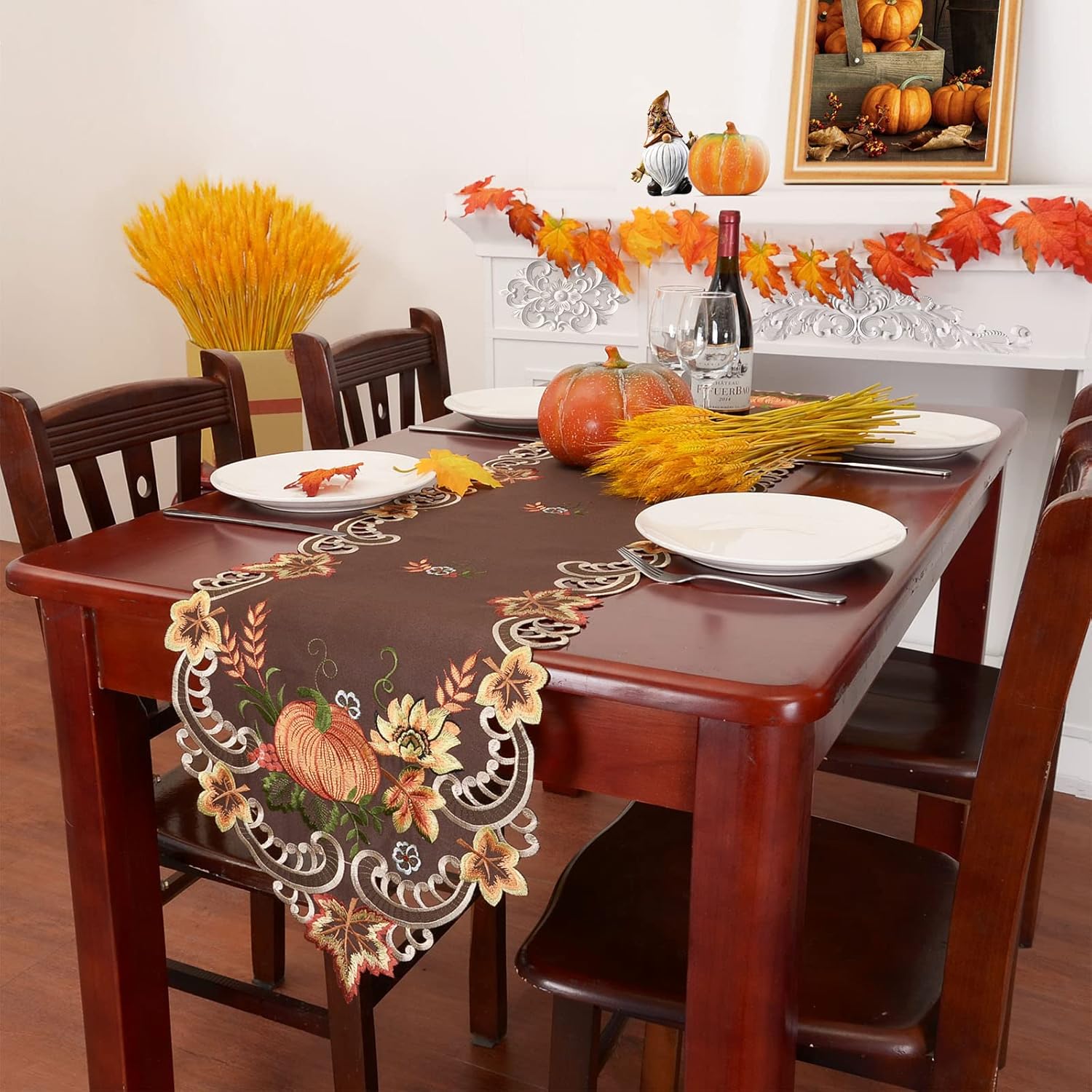 Simhomsen Caminos de mesa bordados marrones de cosecha de Acción de Gracias para decoraciones de otoño u otoño (14 x 69 pulgadas)