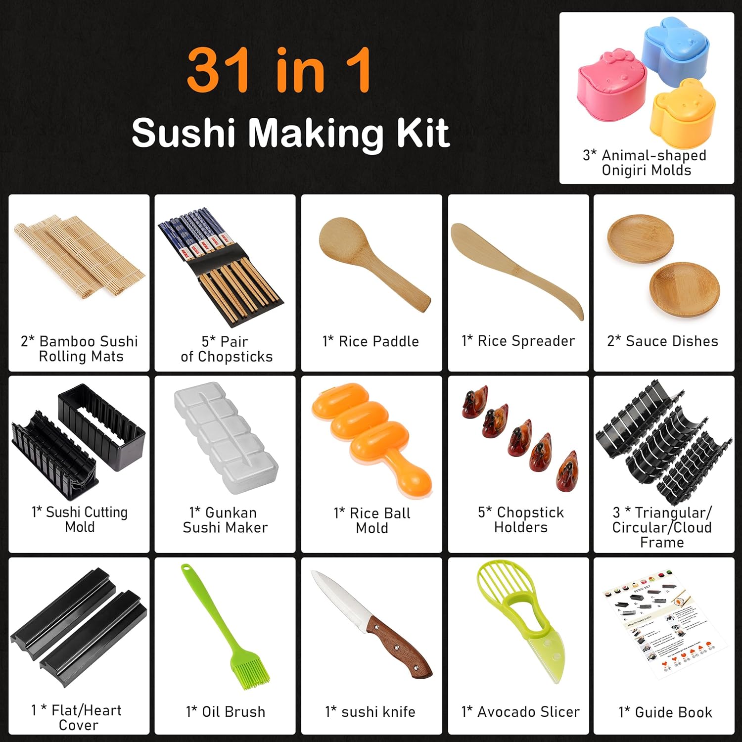 Paquete de 31 kit de fabricación de sushi mejorado para principiantes y amantes del sushi, accesorios de cocina para hacer sushi como alfombrillas