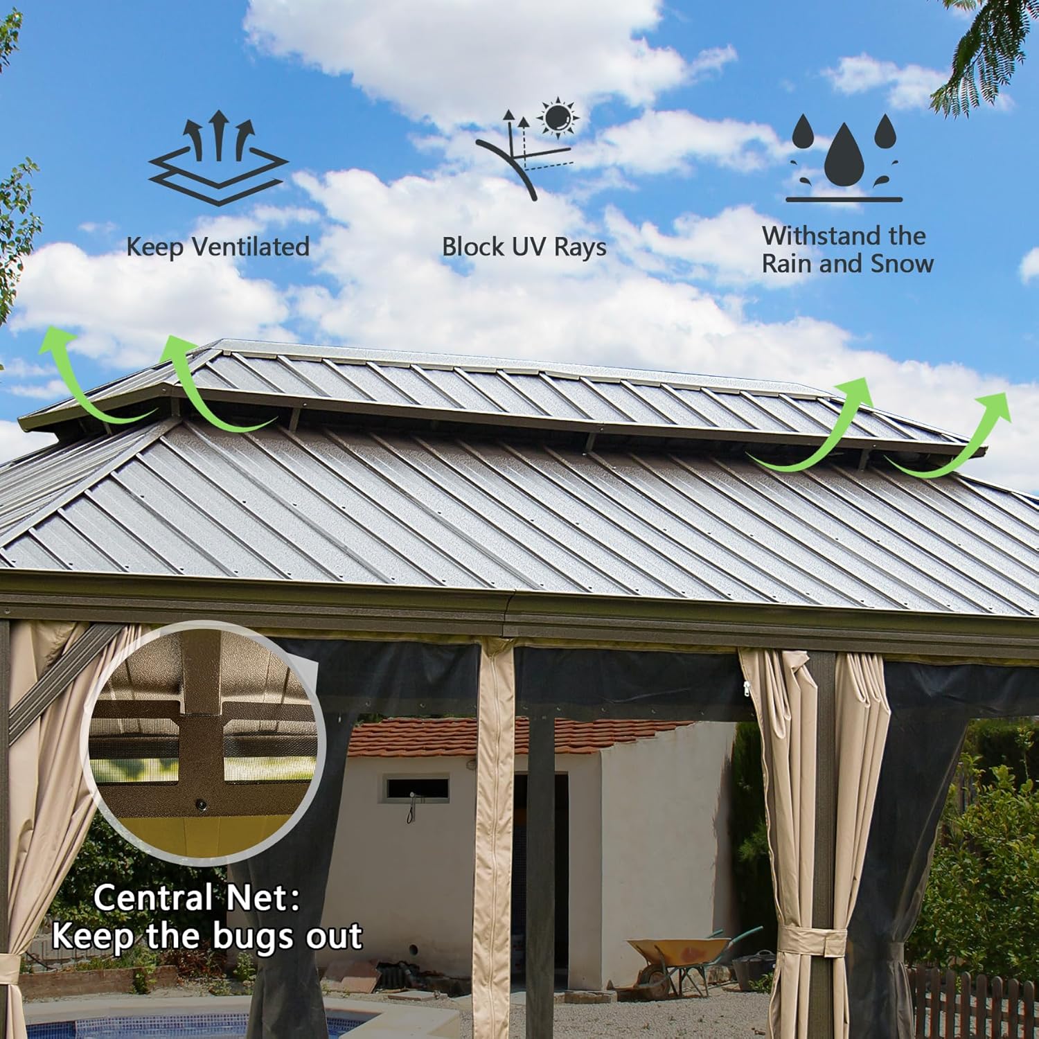 Domi Outdoor Living Gazebo de aluminio para exteriores de 12 x 18 pies con techo doble de acero galvanizado para césped y jardín, con cortinas y red