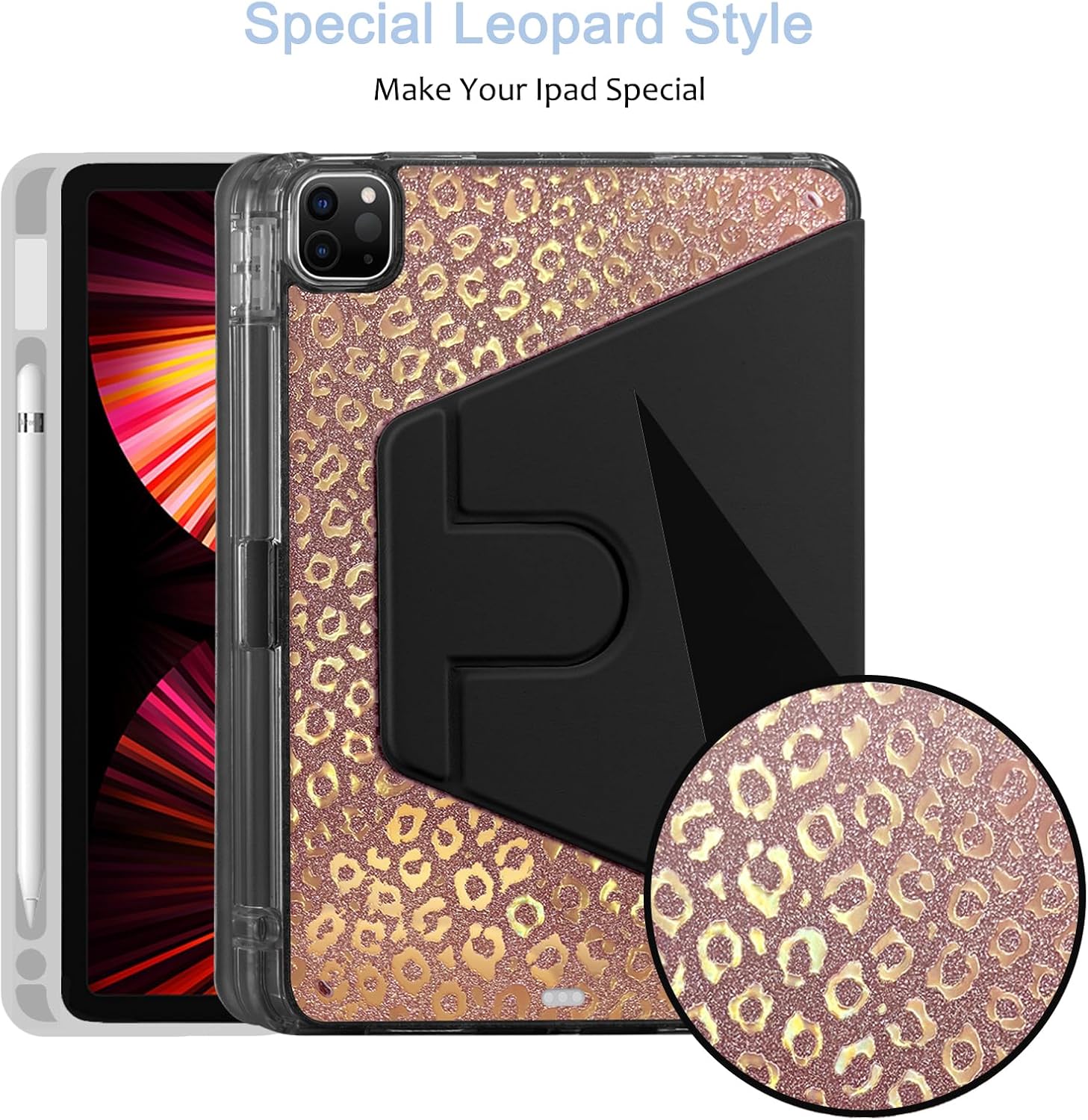 Funda para iPad Pro de 6, 5, 4 y 3 generación, funda de 12.9 pulgadas con portalápices, soporte giratorio de 360 grados, purpurina dorada brillante,