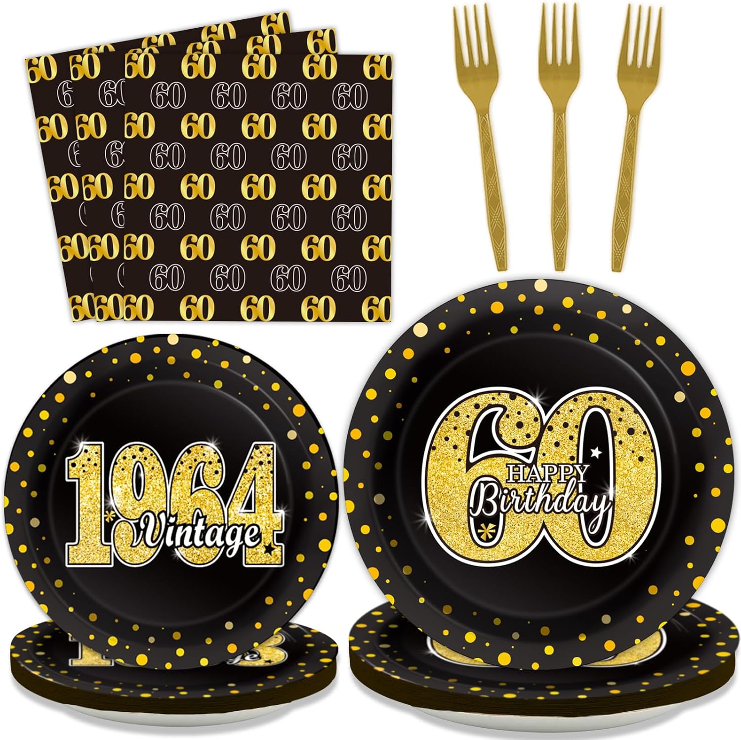 96 piezas de vajilla para fiesta de cumpleaños temática 60, suministros de fiesta de cumpleaños de 60 años, platos servilletas, tenedores, regalos