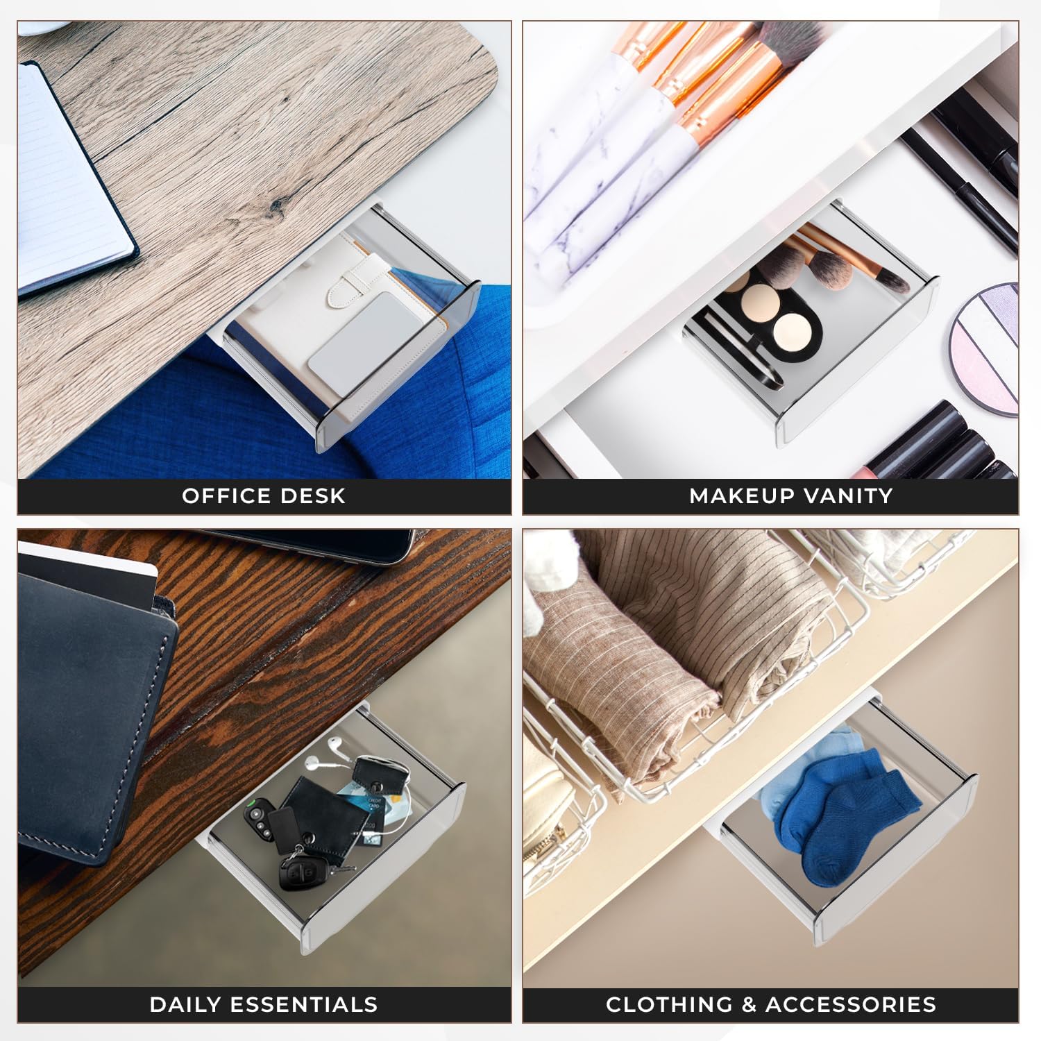 Sleek Stash Paquete de 2 organizadores de cajones para debajo del escritorio, deslizables, accesorio adhesivo para cajón de escritorio con bolígrafo