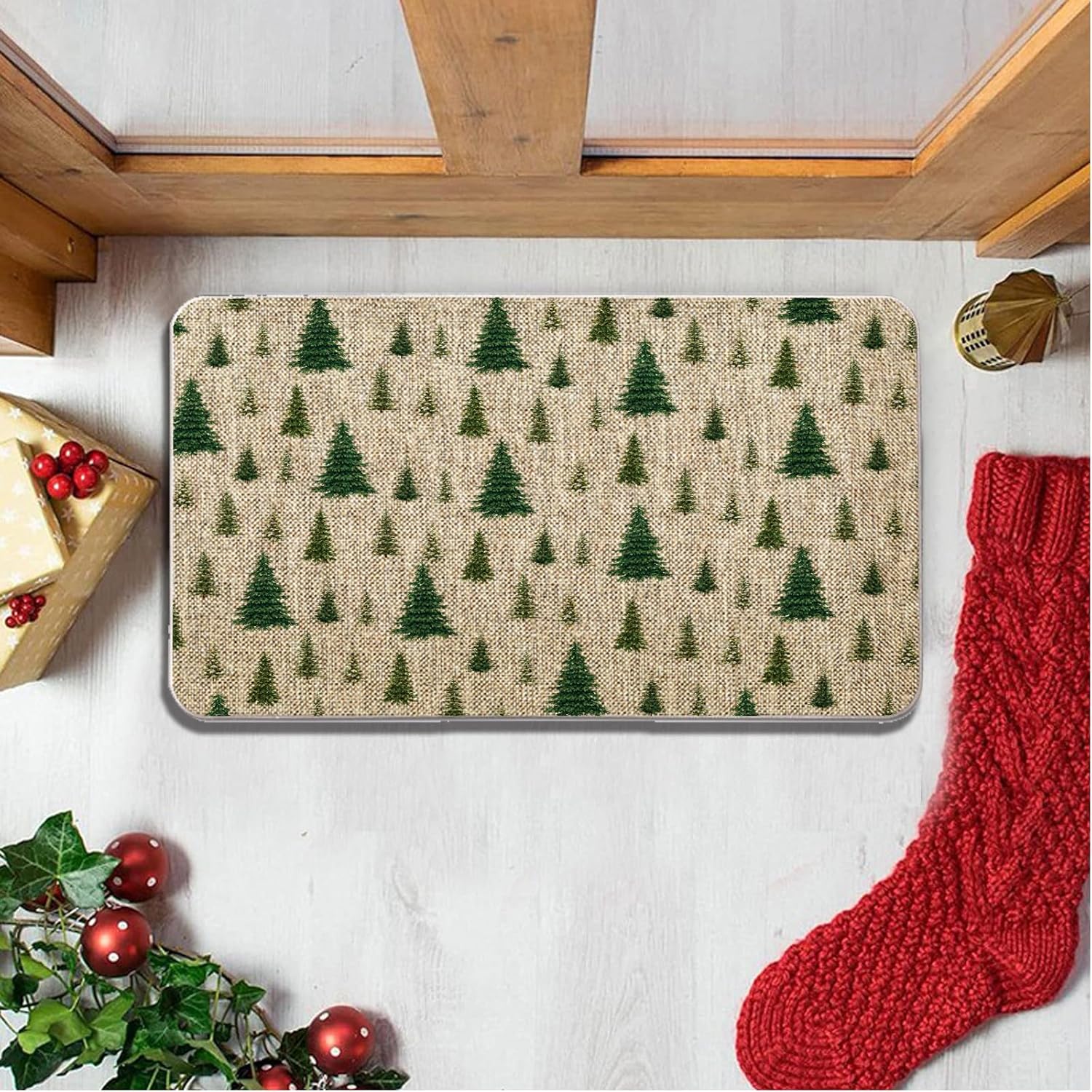 Tapete de Navidad para puerta de exterior, tapete de árbol de Navidad, tapete de entrada verde, tapete de puerta de invierno, decoración de casa de