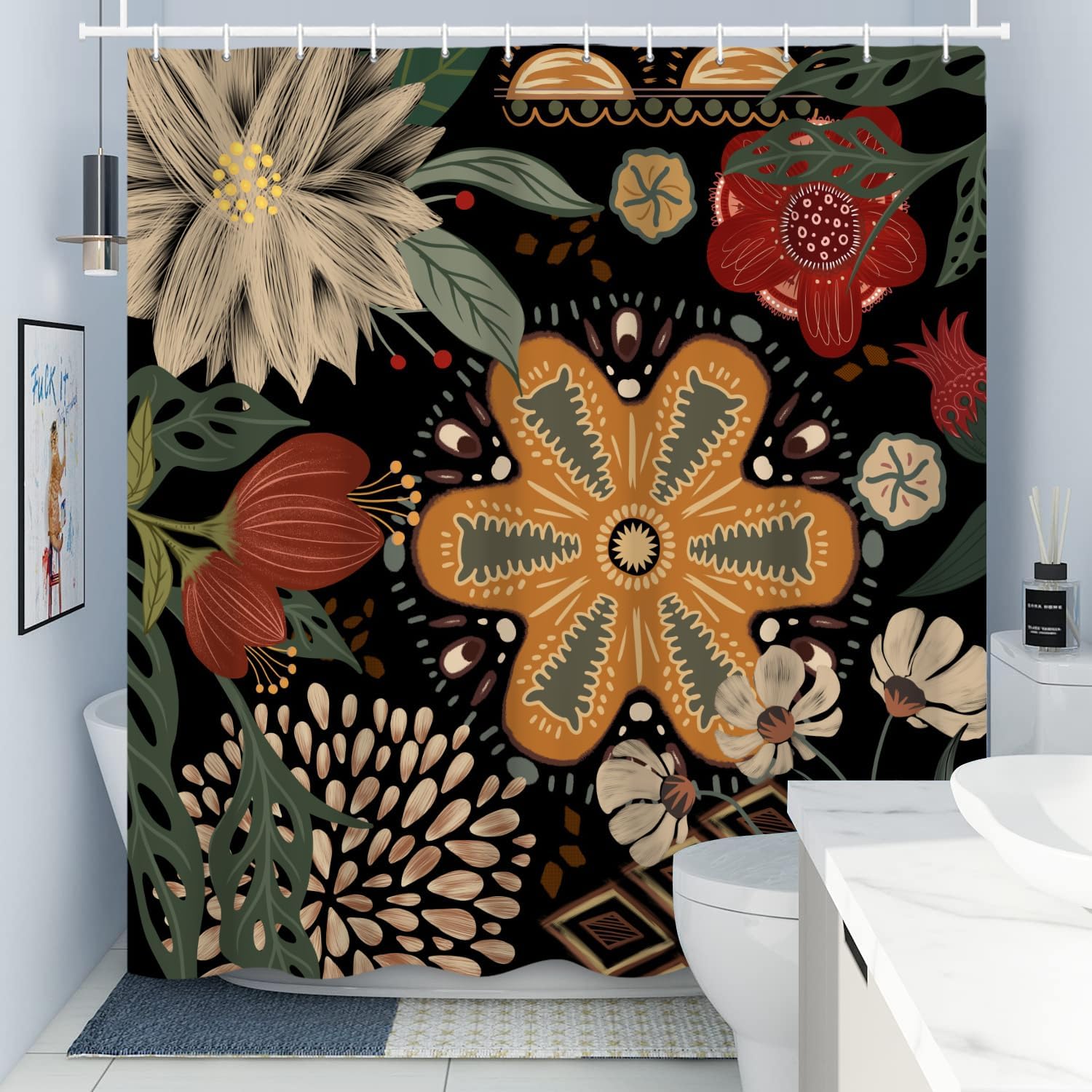 Cortinas de ducha bohemias florales para baño, 60 pulgadas de ancho x 72 pulgadas de alto, modernas cortinas de ducha florales botánicas abstractas