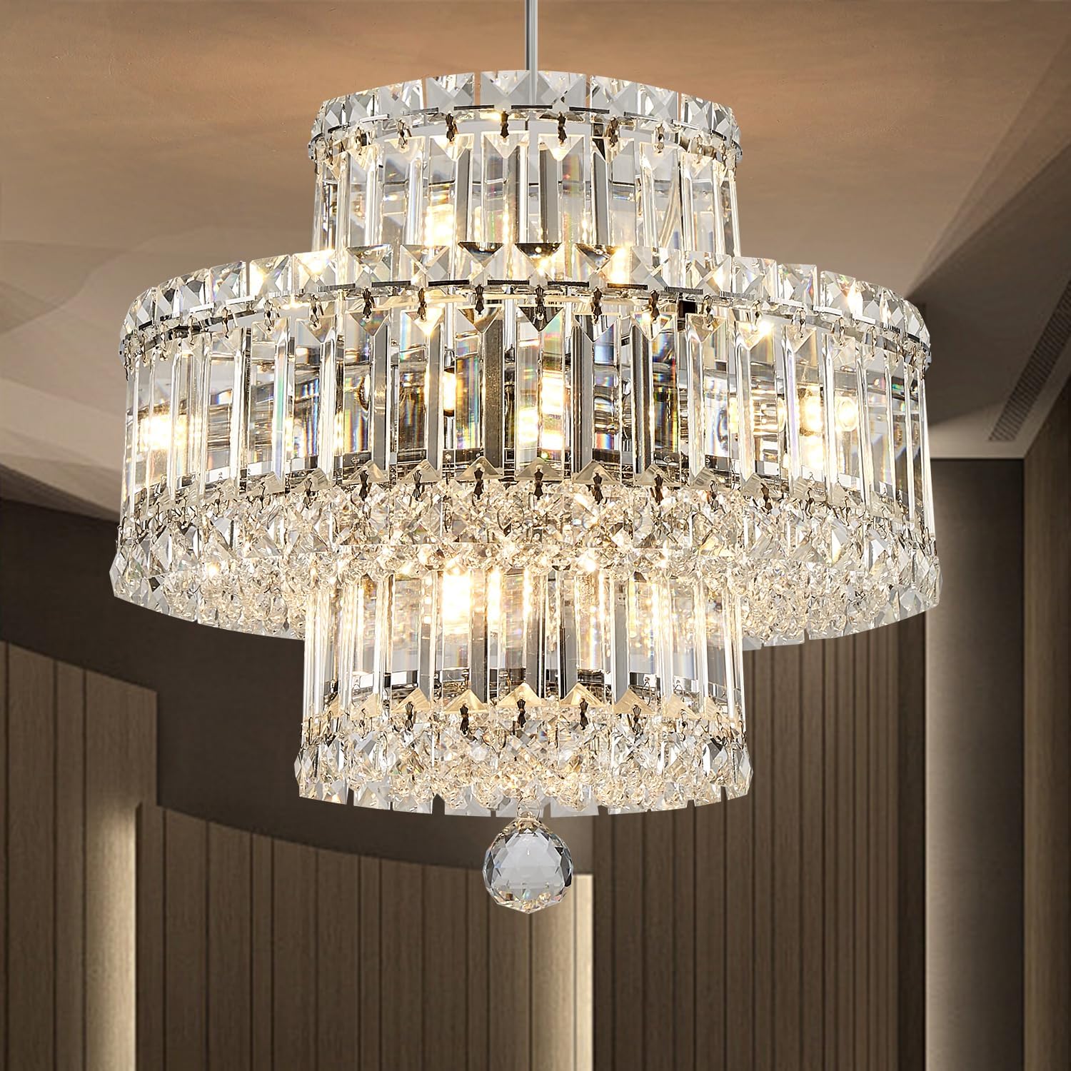 Candelabros de cristal, lámpara de cristal de 15 pulgadas para comedor, 8 luces de techo modernas cromadas, montaje empotrado, 3 neumáticos, lámpara
