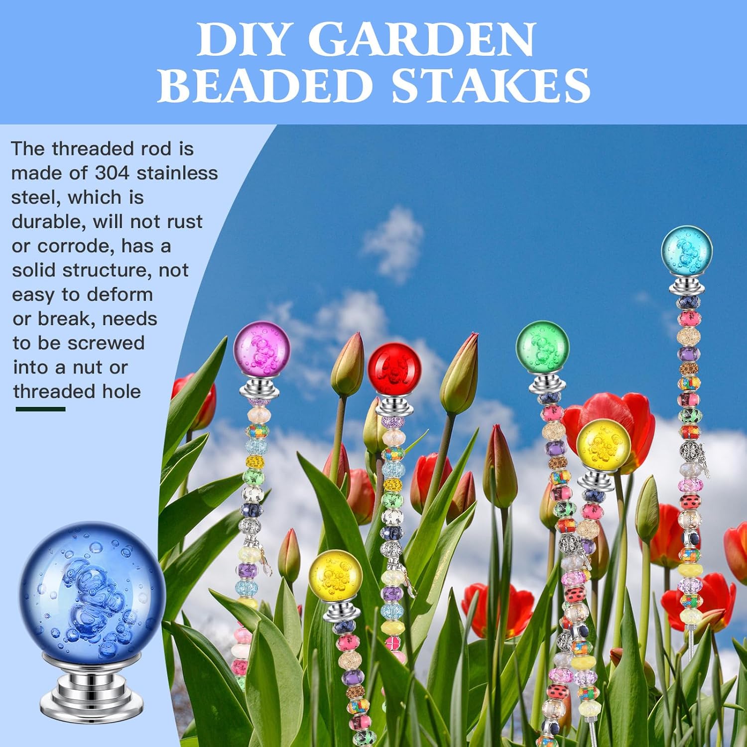 Paquete de 8 varitas de estacas de cuentas para jardín de hadas DIY incluye 8 varillas roscadas de 832 pulgadas y 12 pulgadas, 8 tuercas hexagonales