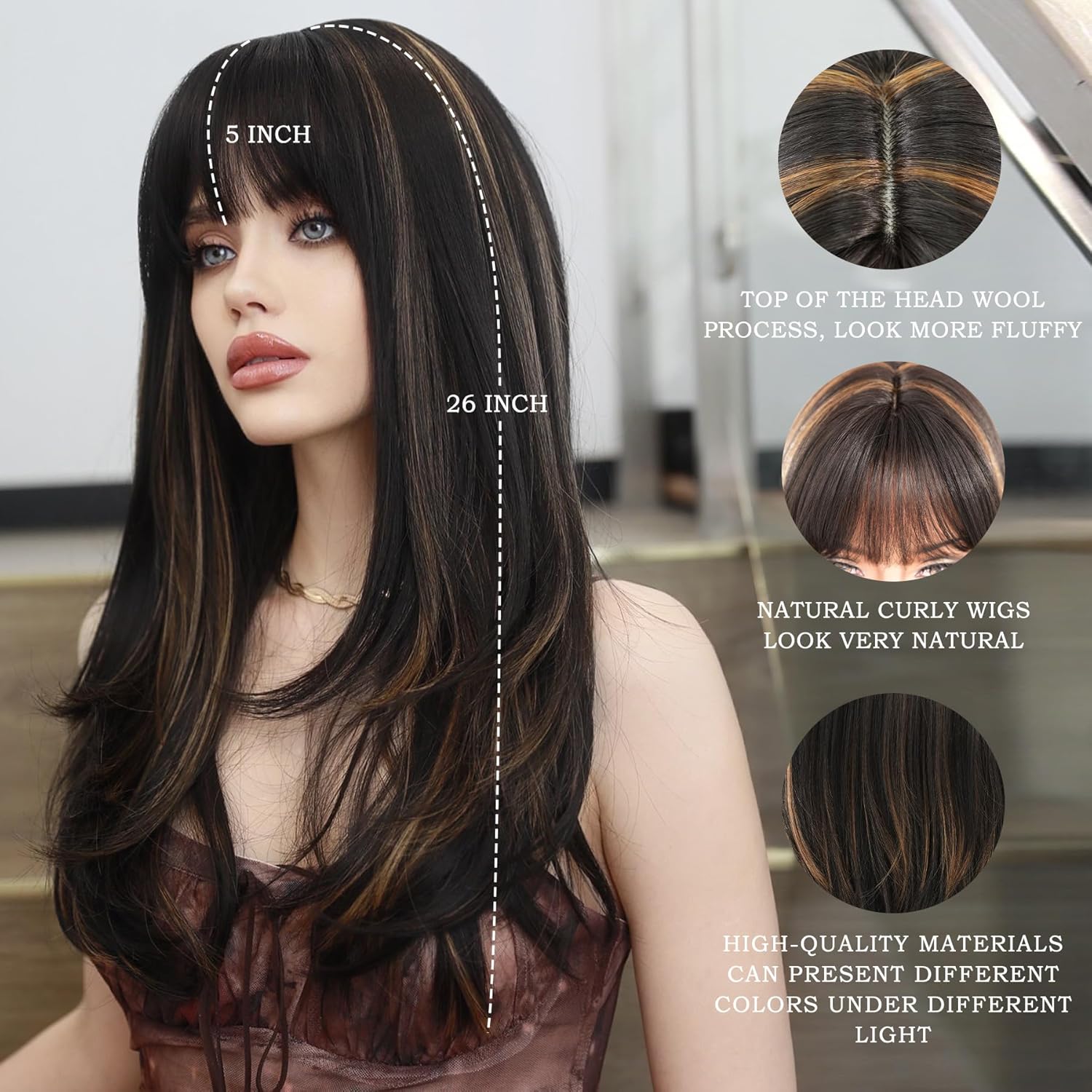 7JHH WIGS Peluca de 26 pulgadas de largo y lacio con flequillo, resistente al calor, peluca negra con reflejos rubios que hacen que las mujeres