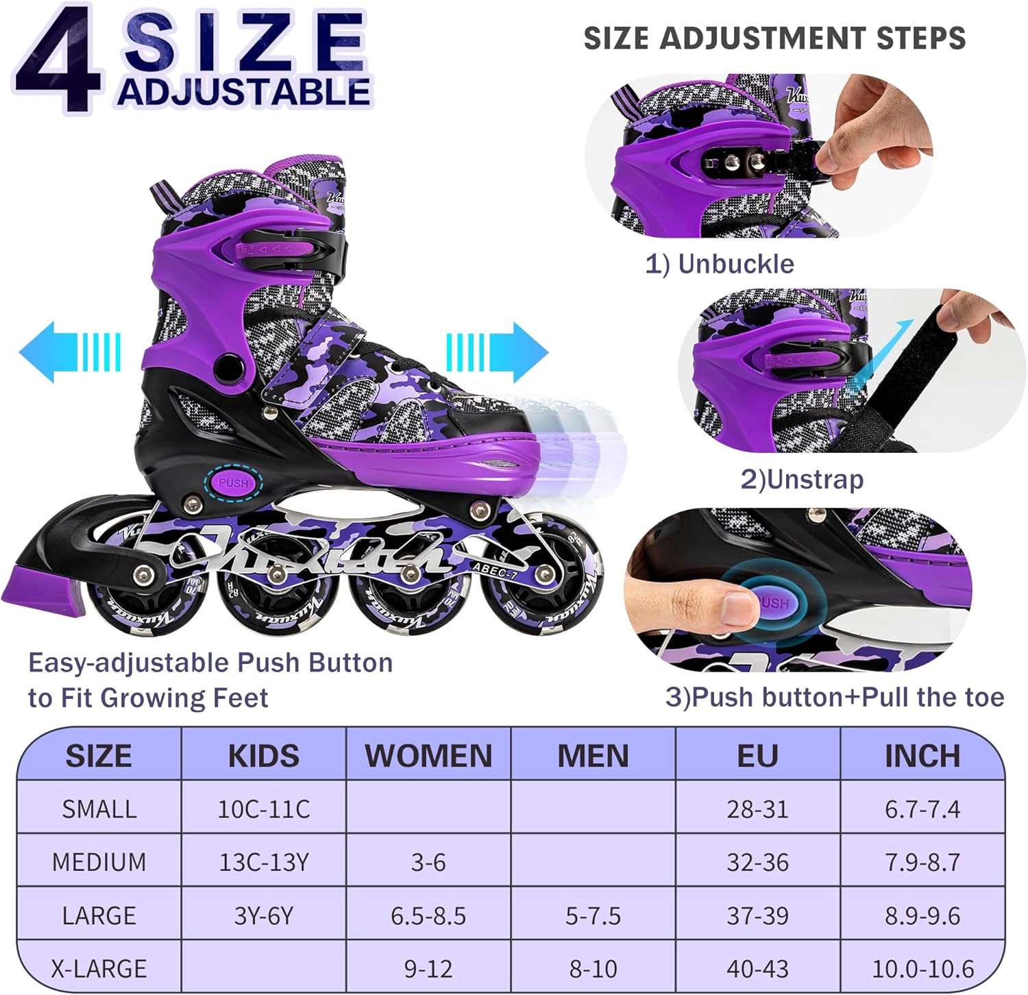 Kuxuan Skates Patines en línea ajustables para niños y jóvenes con ruedas de luz completa, camuflado, diversión al aire libre, patines iluminadores