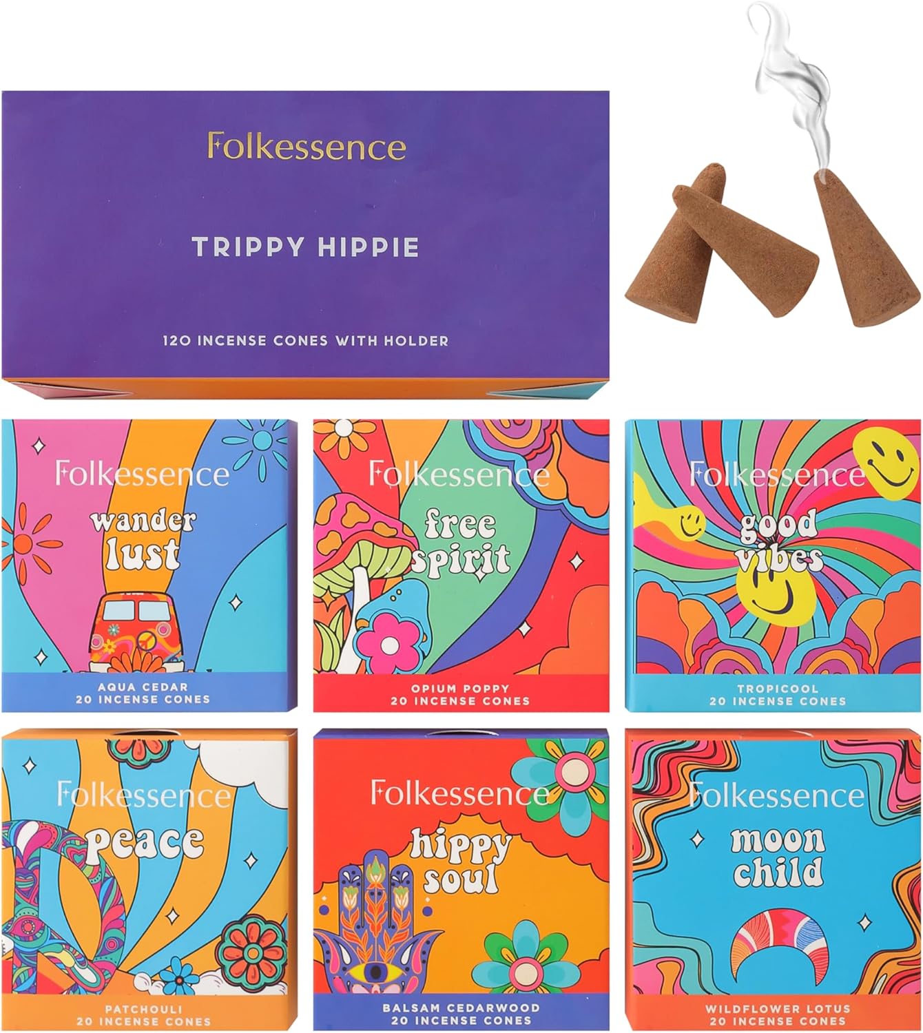 Folkulture Conos de incienso perfumados, juego de 6 conos (120 conos) con soporte para conos de incienso, incienso de pachulí, amapola de opio, piña