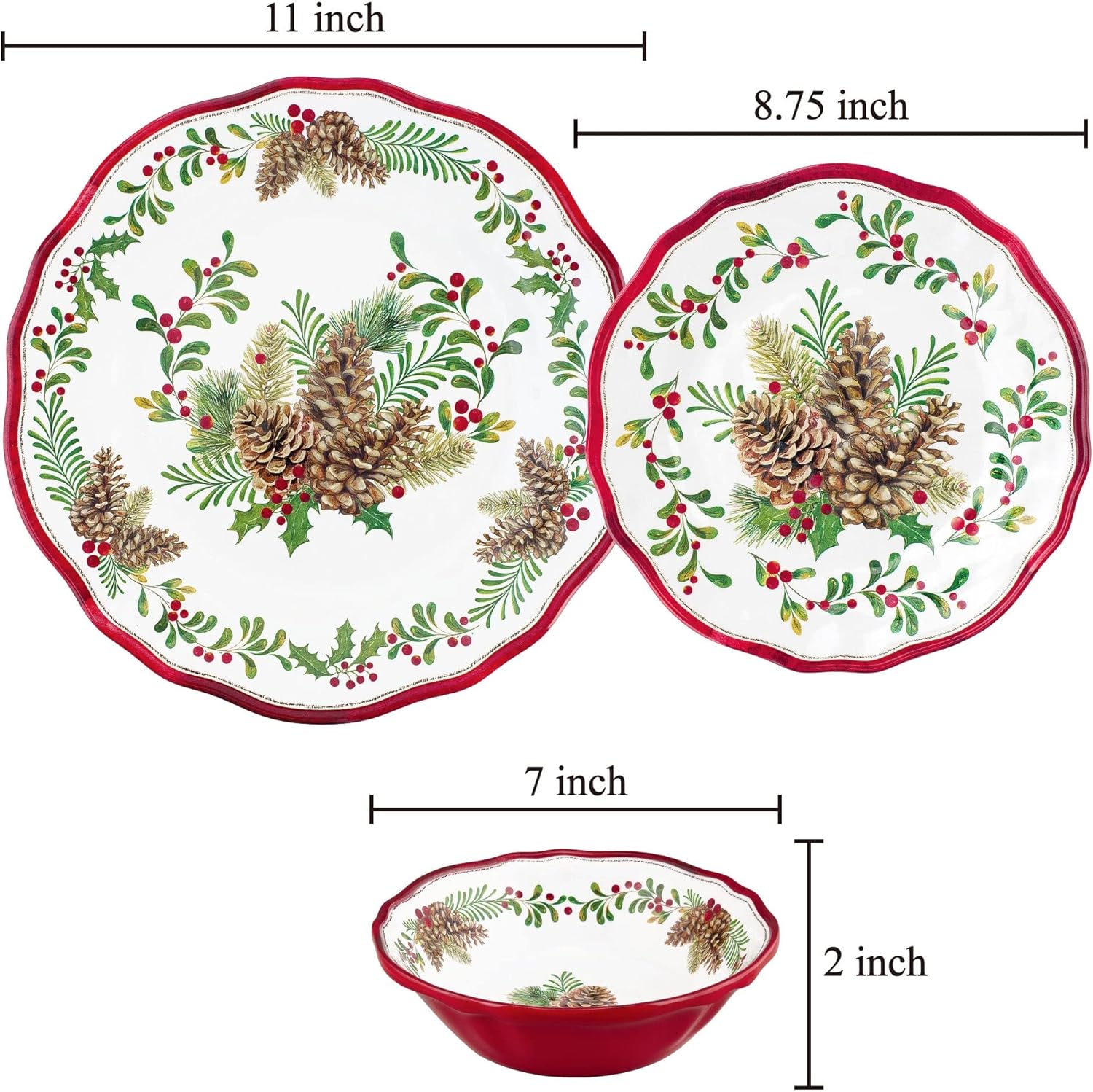UP ware – Juego de vajilla de melamina de 12 piezas, incluye platos llanos, platos de ensalada, cuencos, servicio para 4 (piñas)