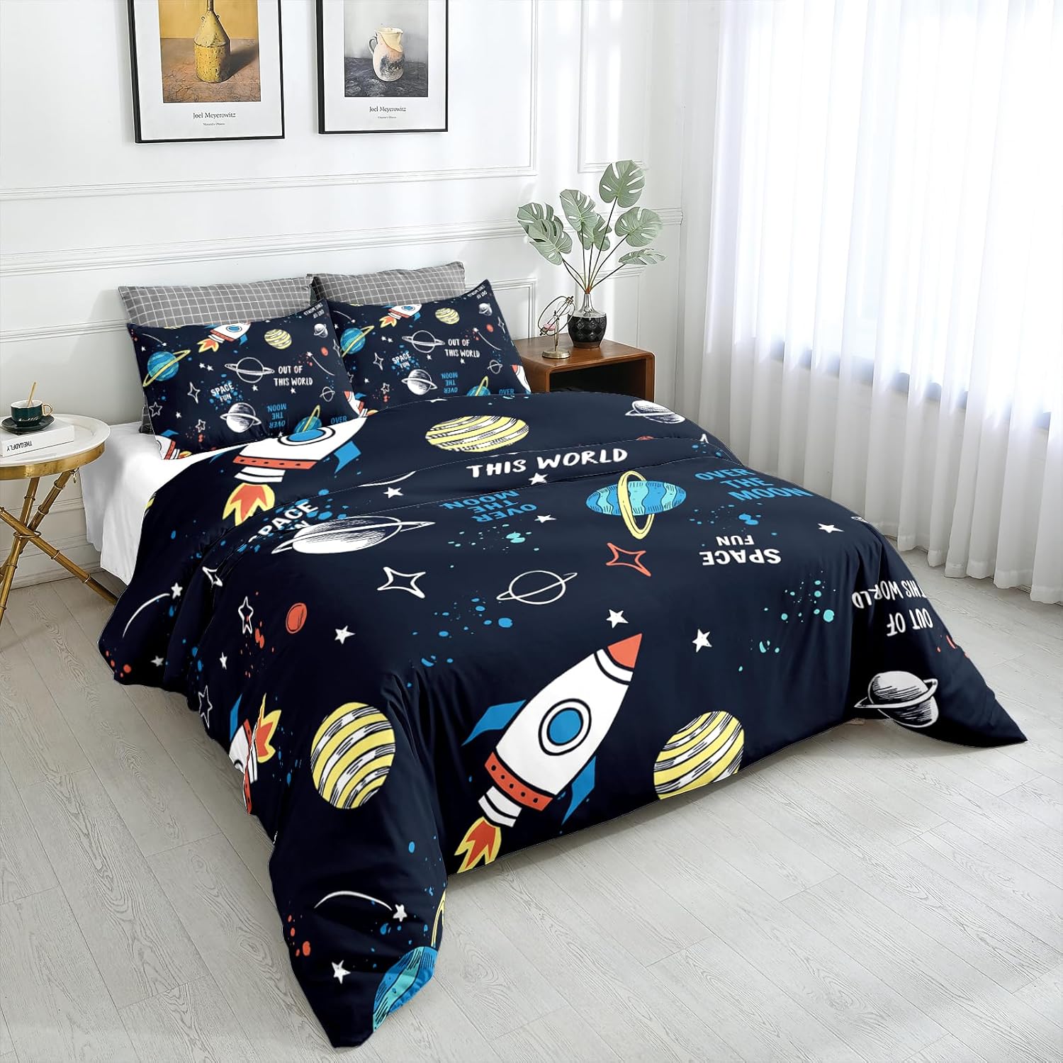 Outer Space Planet Stars – Juego de funda de edredón tamaño Queen, galaxia celestial, naves espaciales, cohete, juego de ropa de cama para niños, 3