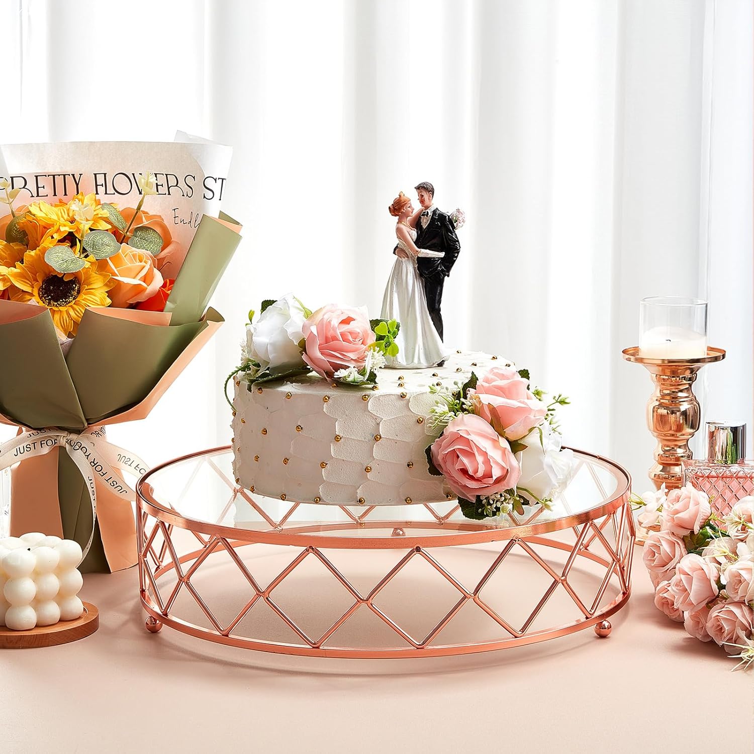 Nuanchu Soporte redondo de metal geométrico de 14 pulgadas para tartas de boda, soporte metálico brillante para tartas con parte superior de vidrio
