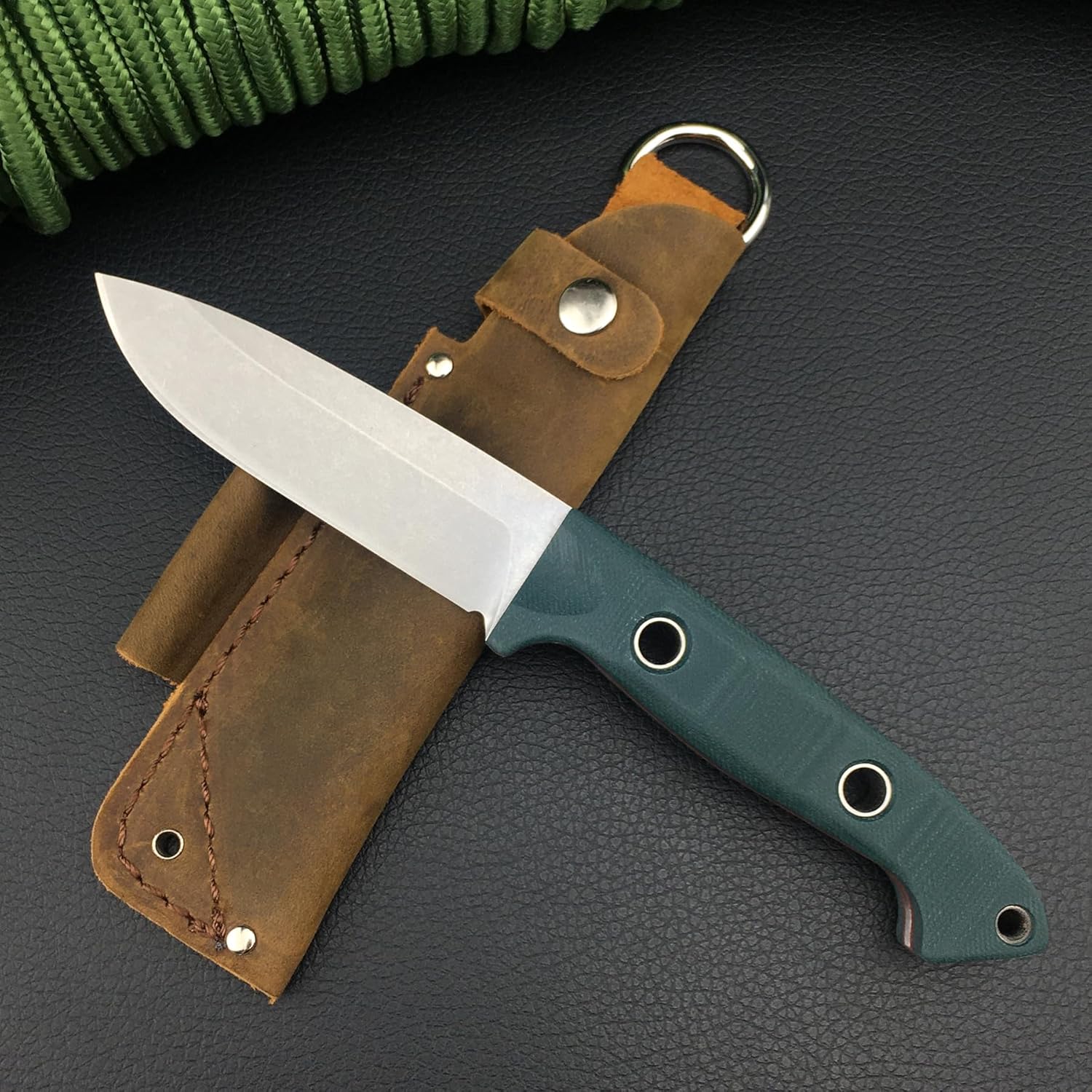 Buschcrafter 162 Cuchillo de hoja fija de 9.1 pulgadas con funda, cuchillo de caza al aire libre con hoja 7Cr17Mov de 3.9 pulgadas, mango verde G10,