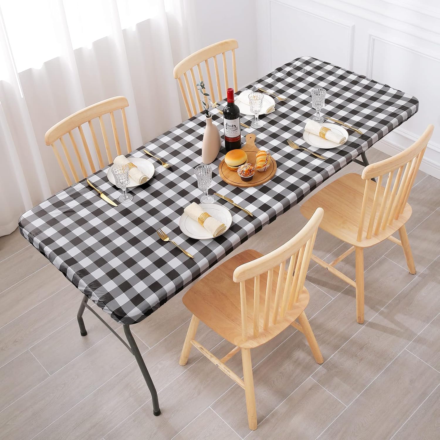 smiry – Mantel de vinilo rectangular para mesa de 4 pies, mantel elástico, ajustado e impermeable, diseño de cuadros, respaldo en franela, para