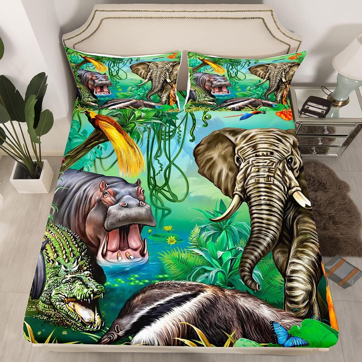 Juego de funda de cama con estampado de animales de la selva, tamaño Queen, diseño de cocodrilo, hipopótamo, elefante, tigre, safari, africano,