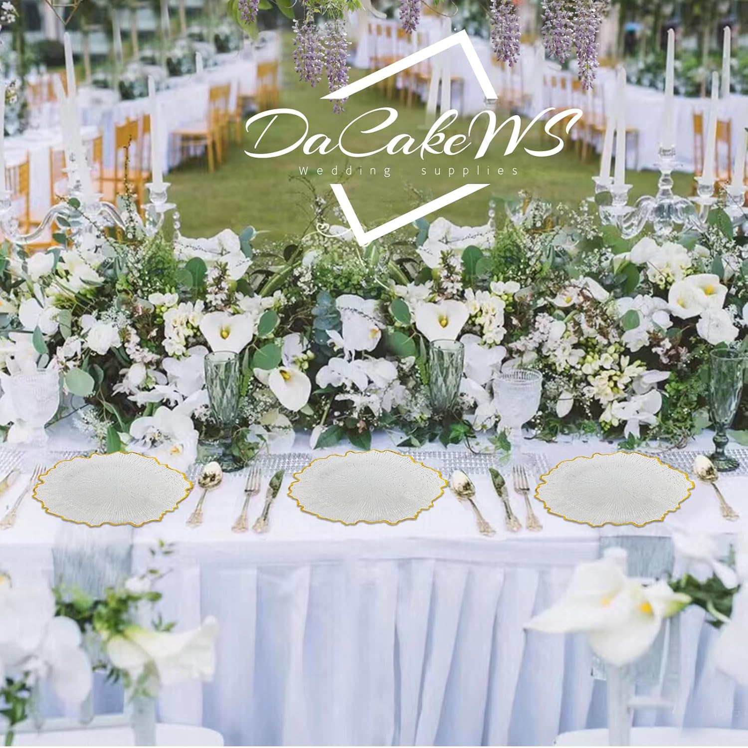 DaCakeWS Platos de carga de arrecife de borde dorado acrílico, 10 unidades, platos de plástico floral de 13 pulgadas para boda para cena (10,