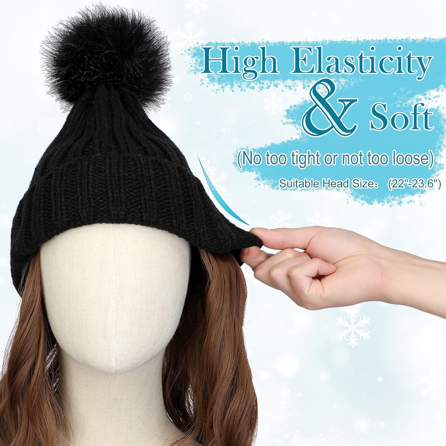 Gorro con peluca, gorro con cabello, extensiones de cabello largo y ondulado, gorro de punto acanalado, con pompón adjunto, 14 pulgadas, rizado,