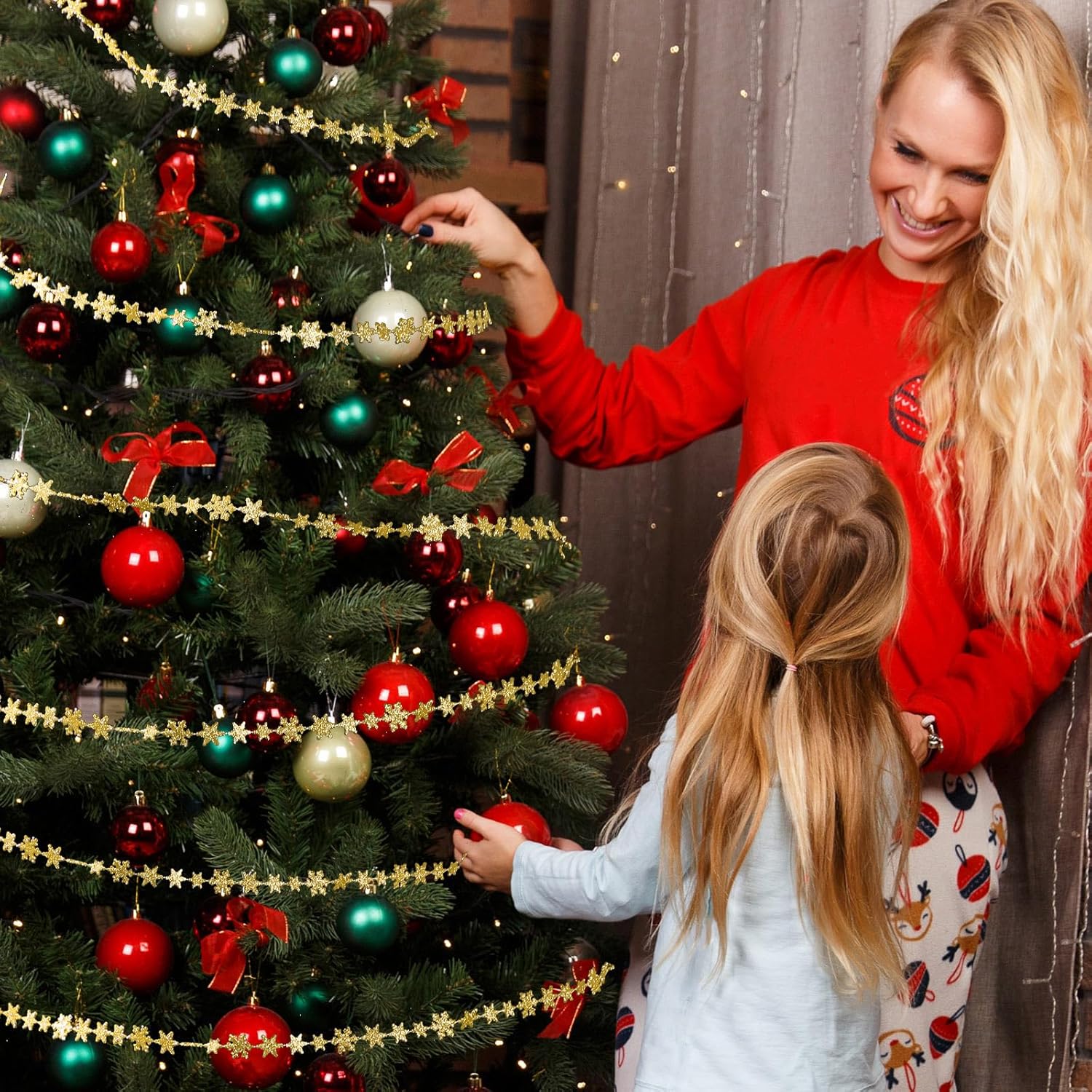 Boao Decoración de copo de nieve colgante de Navidad de 32.8 pies, guirnalda de copos de nieve de invierno con purpurina, adornos para árbol de