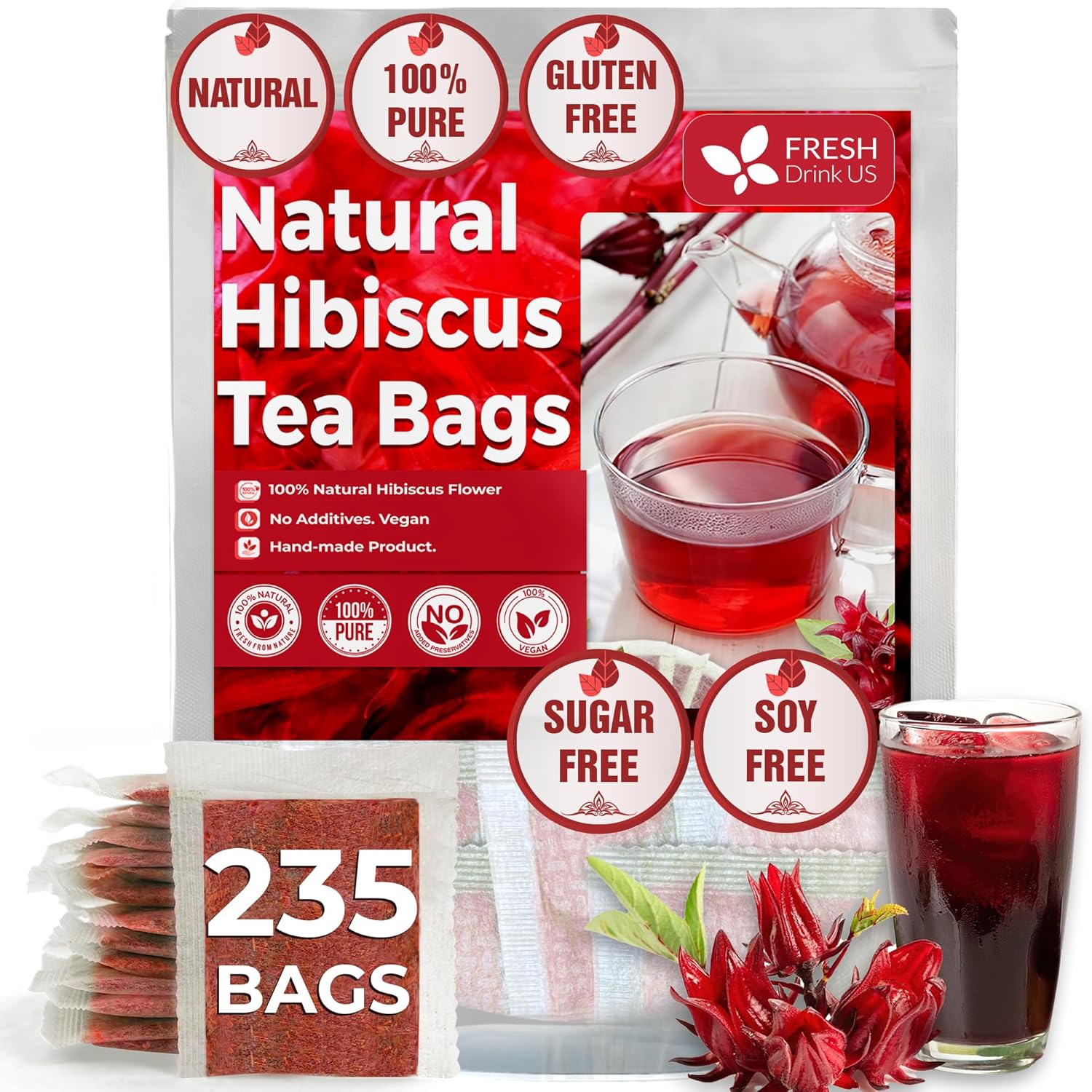 FreshDrinkUS, 235 bolsas de té de flores de hibisco premium, 100% natural, puro de flores de hibisco. Té de hierbas de hibisco de flores sueltas. Té