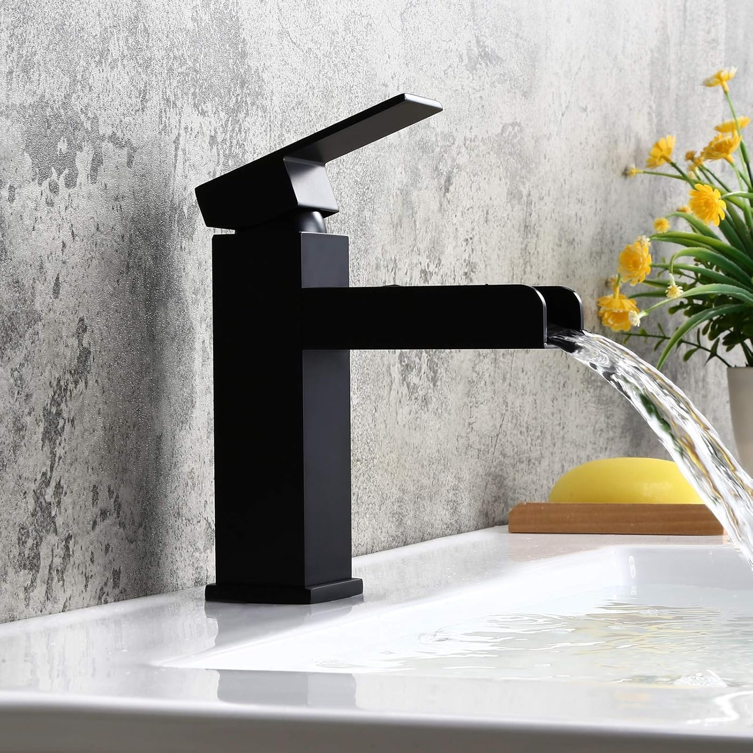 Homary Grifo de lavabo de baño de cascada negro mate contemporáneo de latón macizo con una sola manija, un agujero, montaje en cubierta, grifo de