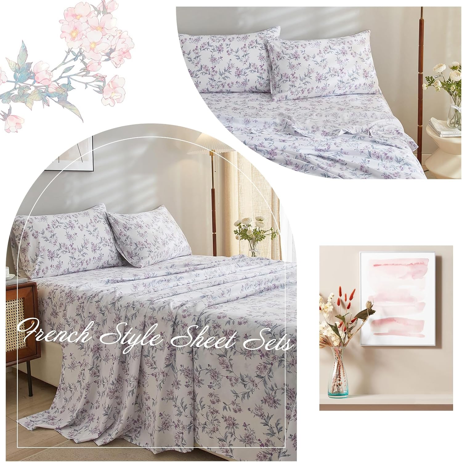 VClife Sábanas de microfibra suave con estampado floral, tamaño individual, color blanco, para niña, mujer, juego de sábanas de ramas florales