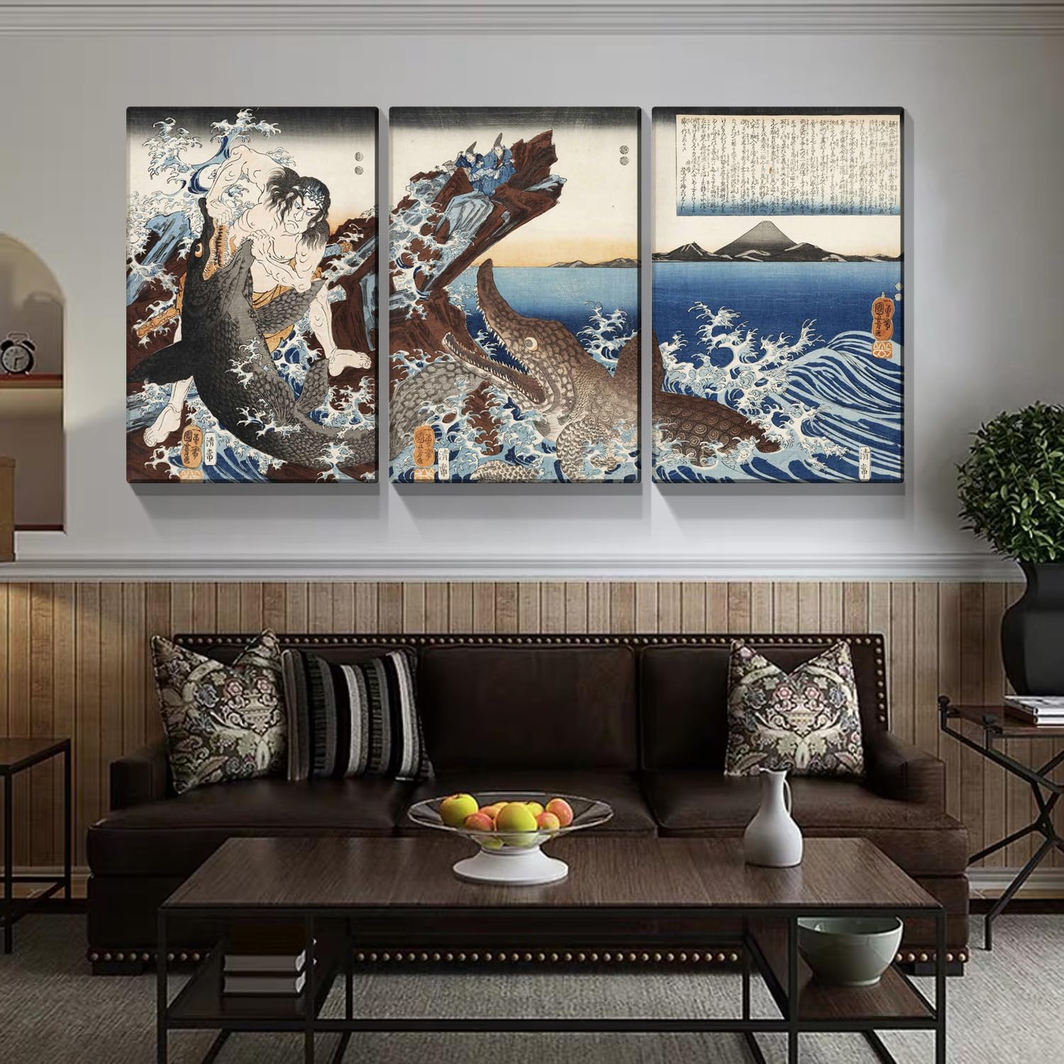 Dimpoli Lienzo de pintura japonesa para decoración de pared, 3 piezas, 32 x 48 pulgadas, Katsushika Hokusai, paisaje general, Kamakura y cocodrilo,