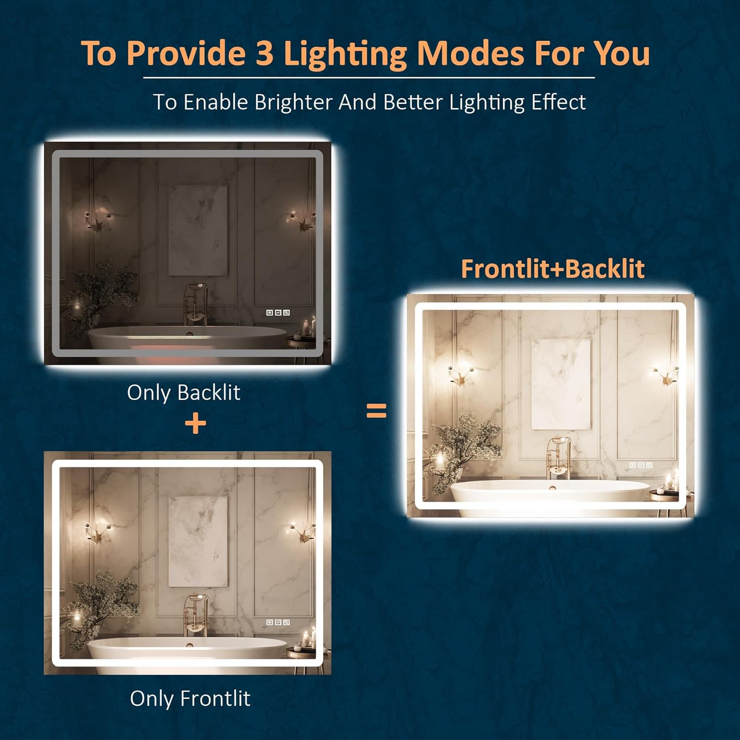 DURASPACE Espejo de baño LED de 36 x 28 pulgadas con luz frontal y retroiluminada, espejo de pared de tocador regulable, espejos de memoria antivaho